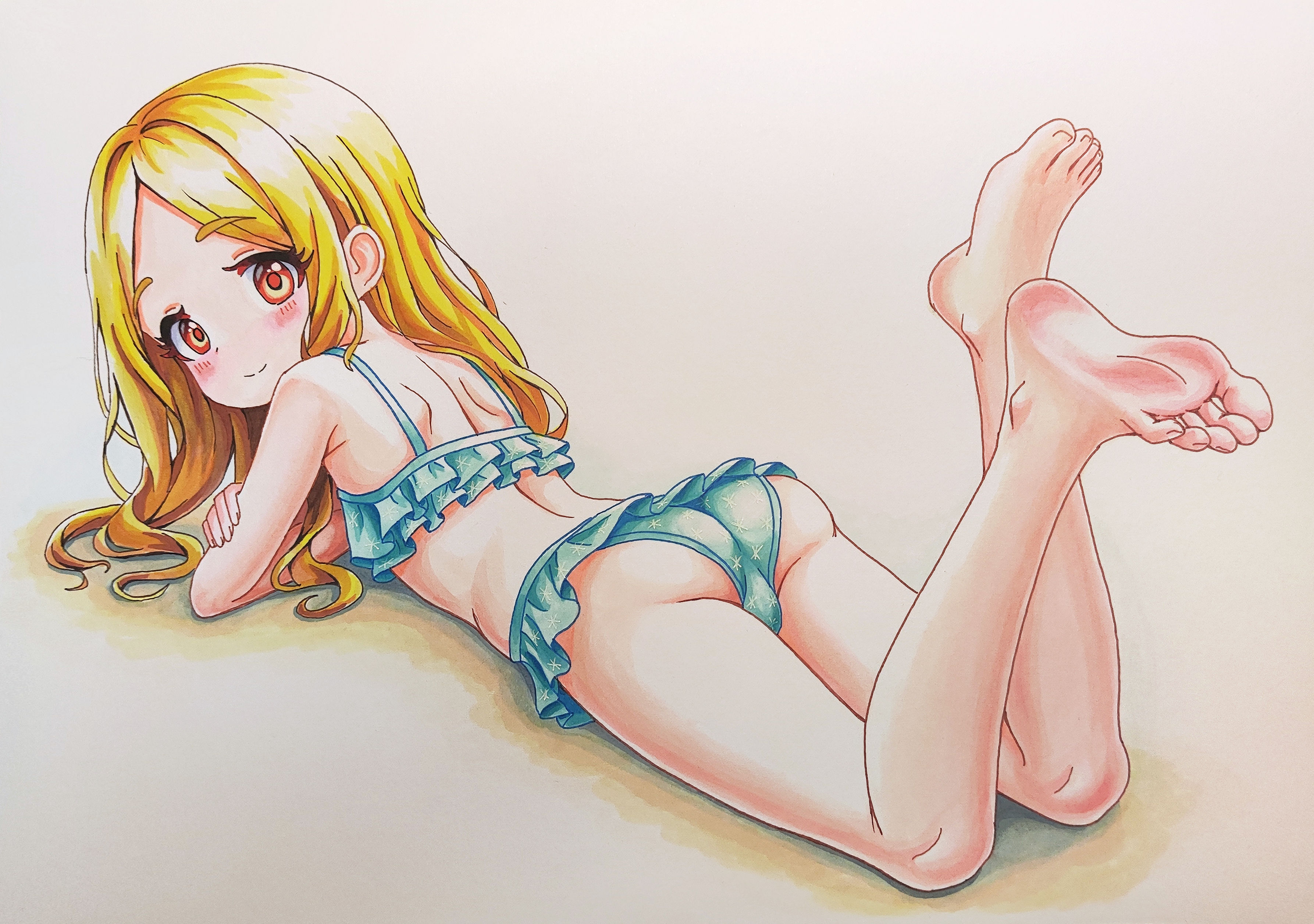 solmyr2000, absurdres, character request, copyright request, highres, 1girl, arm support, ass, bare shoulders, barefoot, bikini, bikini skirt, blonde hair, blush, closed mouth, dot nose, forehead, frilled bikini, frills, full body, green bikini, grey background, long hair, looking at viewer, looking back, lying, on stomach, print bikini, red eyes, shoulder blades, simple background, smile, snow print, soles, solo, strap, swimsuit, thick eyebrows, thighs