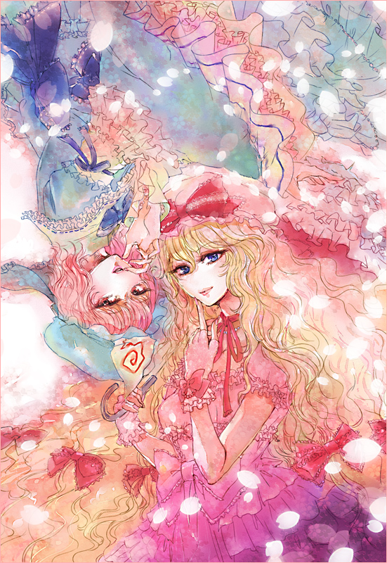 iness, saigyouji yuyuko, yakumo yukari, touhou, 2girls, blonde hair, female focus, gloves, hat, long hair, multiple girls, pink hair, purple eyes, red eyes, short hair, umbrella