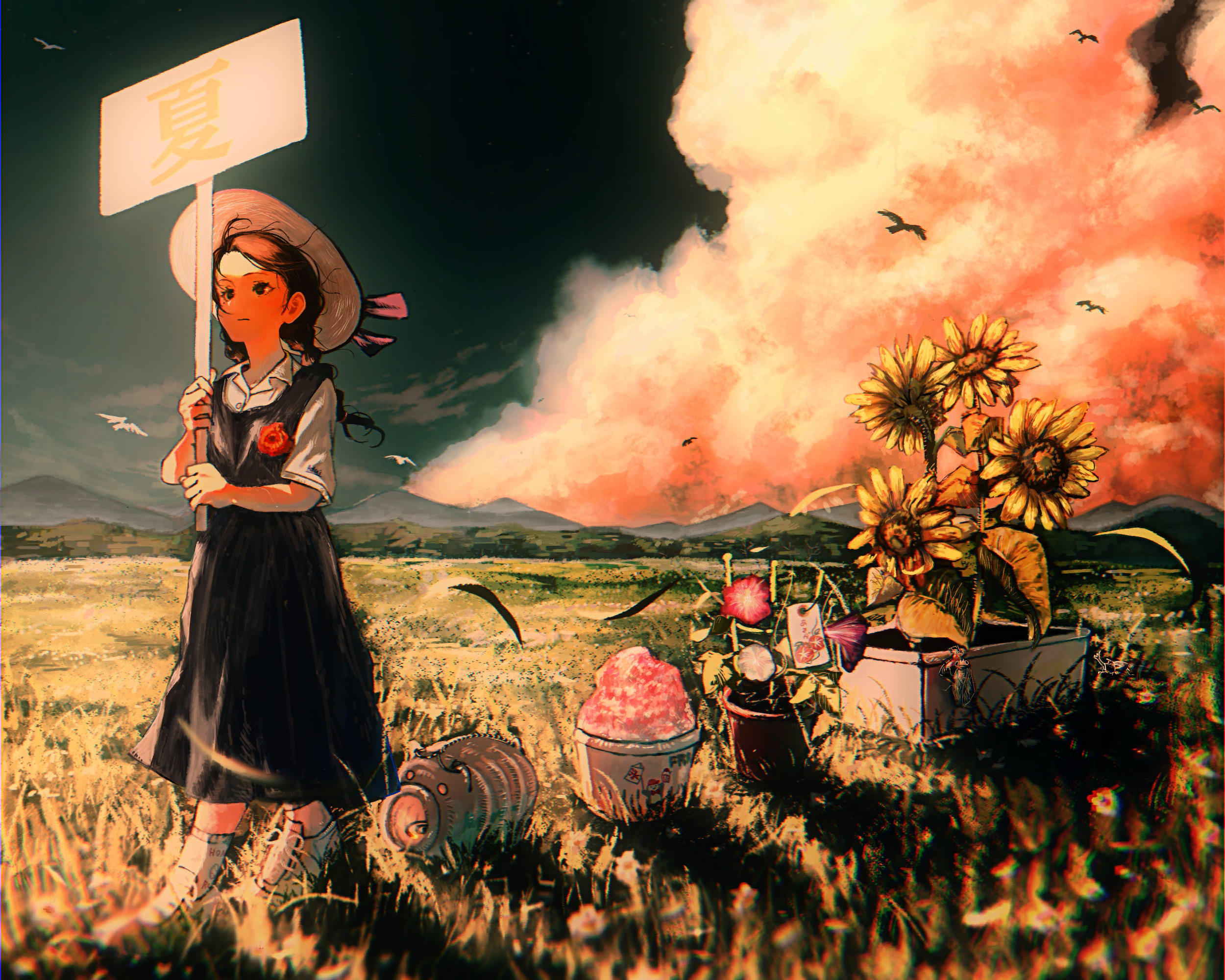 original, commentary request, highres, 1girl, asagi iro, bird, black dress, braid, brooch, chromatic aberration, cloud, cumulonimbus cloud, dress, flower, flower brooch, food, grass, hat, holding, holding sign, incense burner, jewelry, kayari buta, landscape, morning glory, mountainous horizon, outdoors, pinafore dress, plant, potted plant, shaved ice, shirt, short sleeves, sign, sky, sleeveless, sleeveless dress, standing, sunflower, twin braids, white shirt
