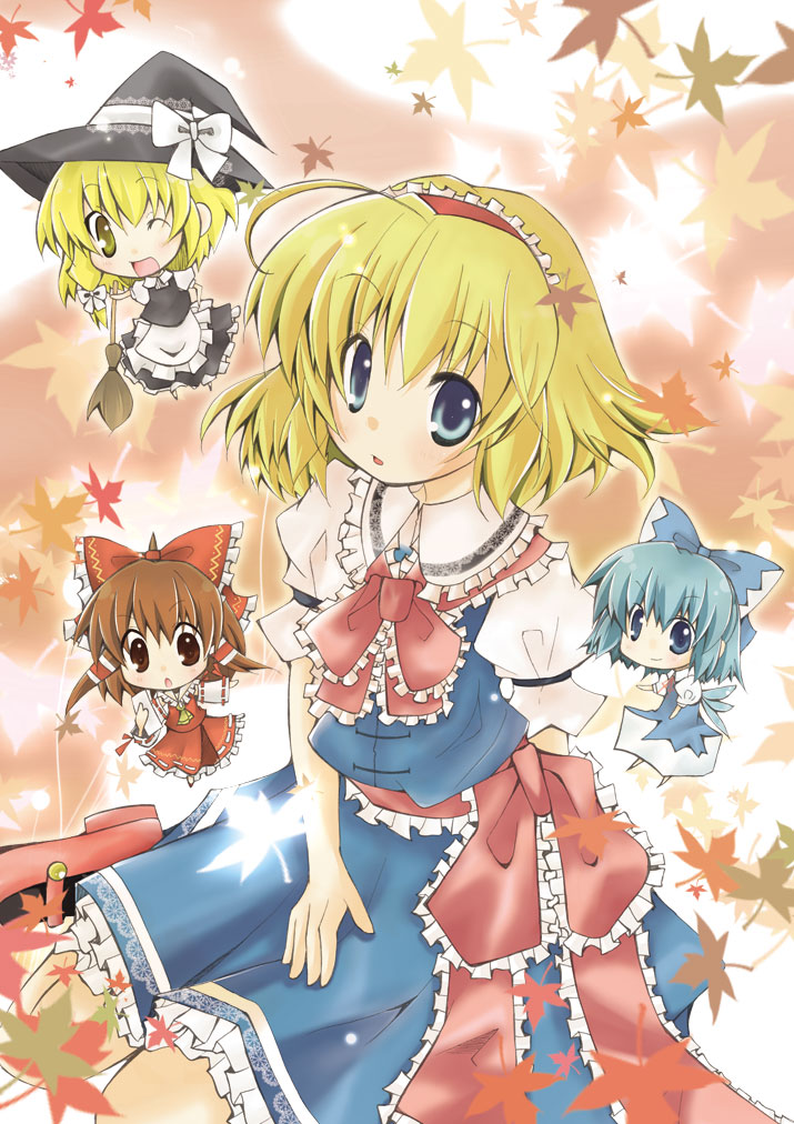usagiya-shiina, alice margatroid, cirno, hakurei reimu, kirisame marisa, touhou, 4girls, :o, blonde hair, blue dress, blue hair, blush, bow, bowtie, brown hair, chibi, dress, fairy, hat, looking at viewer, multiple girls, parted lips, red bow, red bowtie, ribbon, short hair, tareme, witch hat