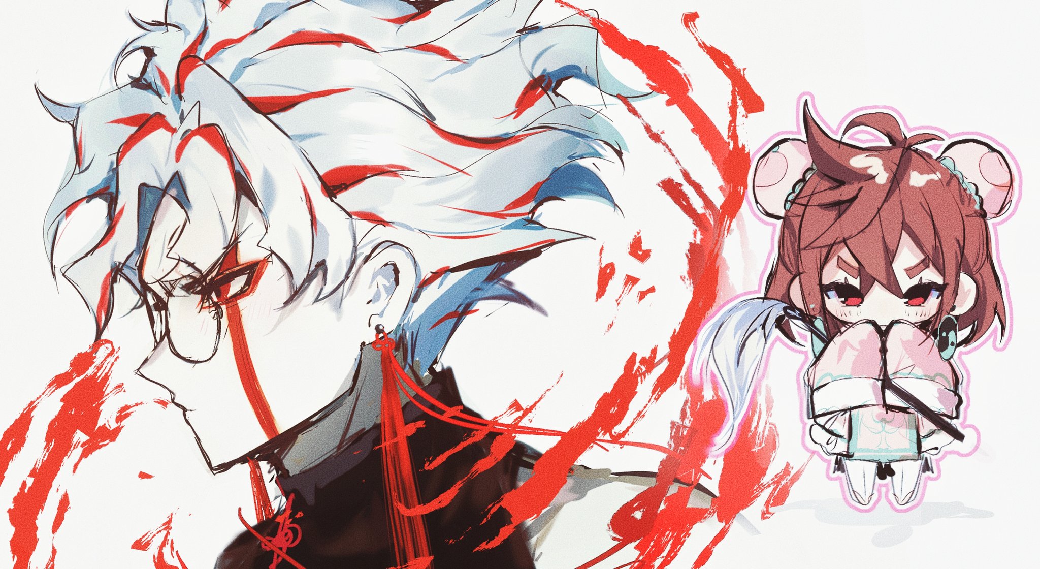 de557777, ayase momo, takakura ken (dandadan), dandadan, highres, 1boy, 1girl, black jacket, brown hair, bun cover, chibi, crossed bangs, double bun, earrings, facial mark, furrowed brow, glasses, hair between eyes, hair bun, jacket, jewelry, medium hair, multicolored hair, parted bangs, red eyes, red hair, round eyewear, short hair, sleeves past fingers, sleeves past wrists, streaked hair, upper body, white hair