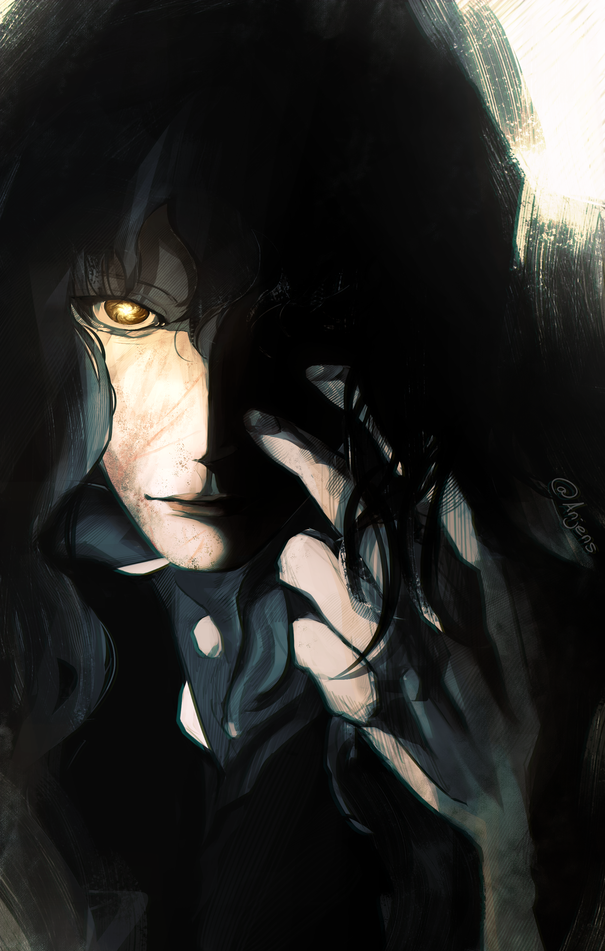 shadow slave, absurdres, highres, 1boy, aegyo sal, anjens, asterion (shadow slave), black hair, black shirt, glaring, hand up, head tilt, long hair, looking at viewer, male focus, partially shaded face, serious, shirt, solo, star-shaped pupils, star (symbol), symbol-shaped pupils, yellow eyes