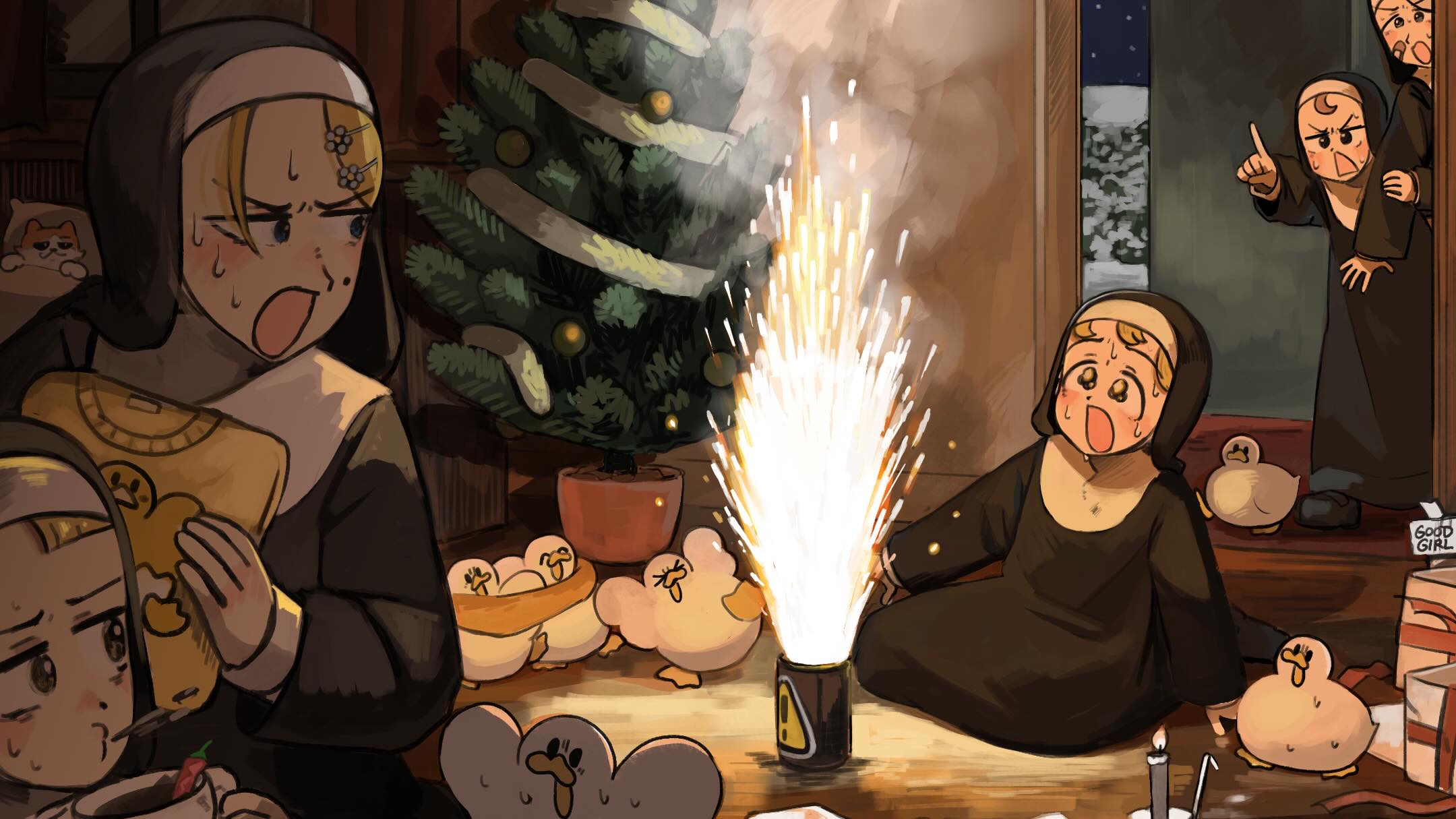 diva (hyxpk), clumsy nun (diva), froggy nun (diva), leaf nun (diva), spicy nun (diva), strict nun (diva), little nuns (diva), commentary, english commentary, highres, 5girls, :o, bandaid, bandaid on face, bird, blonde hair, blue eyes, brown hair, candle, cat, chicken, chili pepper, christmas tree, cup, duck, holding, holding cup, mole, mole on cheek, mug, multiple girls, nervous sweating, nun, pointing, sign, snow, spit take, spitting, sweat, traditional nun, triangle mouth, warning sign, yellow eyes