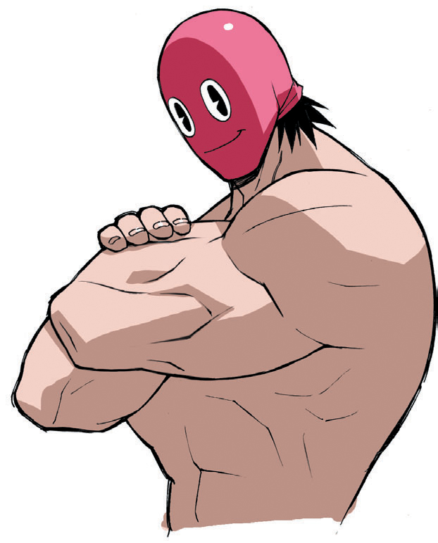 yoshizaki mine, mr.mystery, arcade gamer fubuki, 1boy, collarbone, male focus, mask, muscular, simple background, smiley face, solo, topless male, white background
