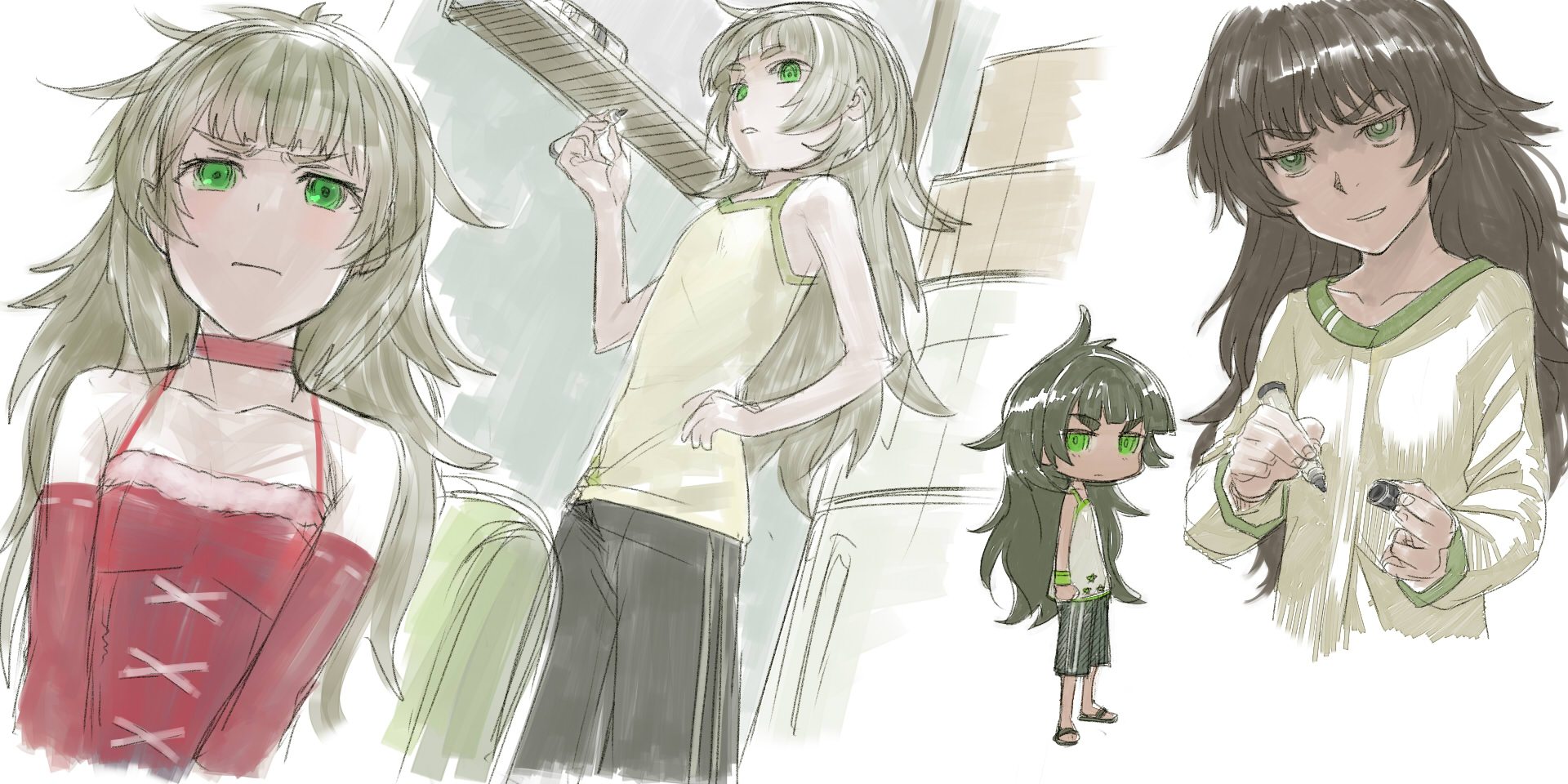 menomorute, hiyajou maho, science adventure, steins;gate, steins;gate 0, highres, 1girl, black shorts, blush, breasts, brown dress, dress, frown, green eyes, green hair, long hair, looking at viewer, multiple costumes, multiple views, red dress, santa costume, santa dress, shorts, small breasts, solo, tank top