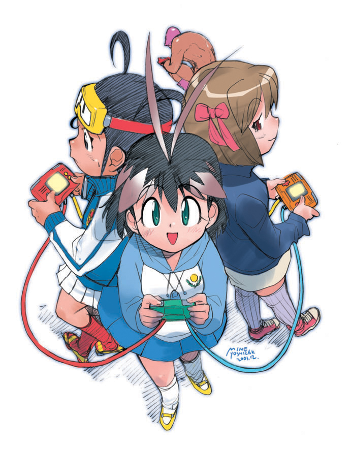 yoshizaki mine, hanako kokobunji, juumonji chizuru, mr.mystery, sakuragasaki fubuki, arcade gamer fubuki, white legwear, 3girls, antenna hair, game boy, game boy (original), game boy advance, game boy advance (original), handheld game console, multiple girls, shoes, standing, thighhighs, yellow shoes
