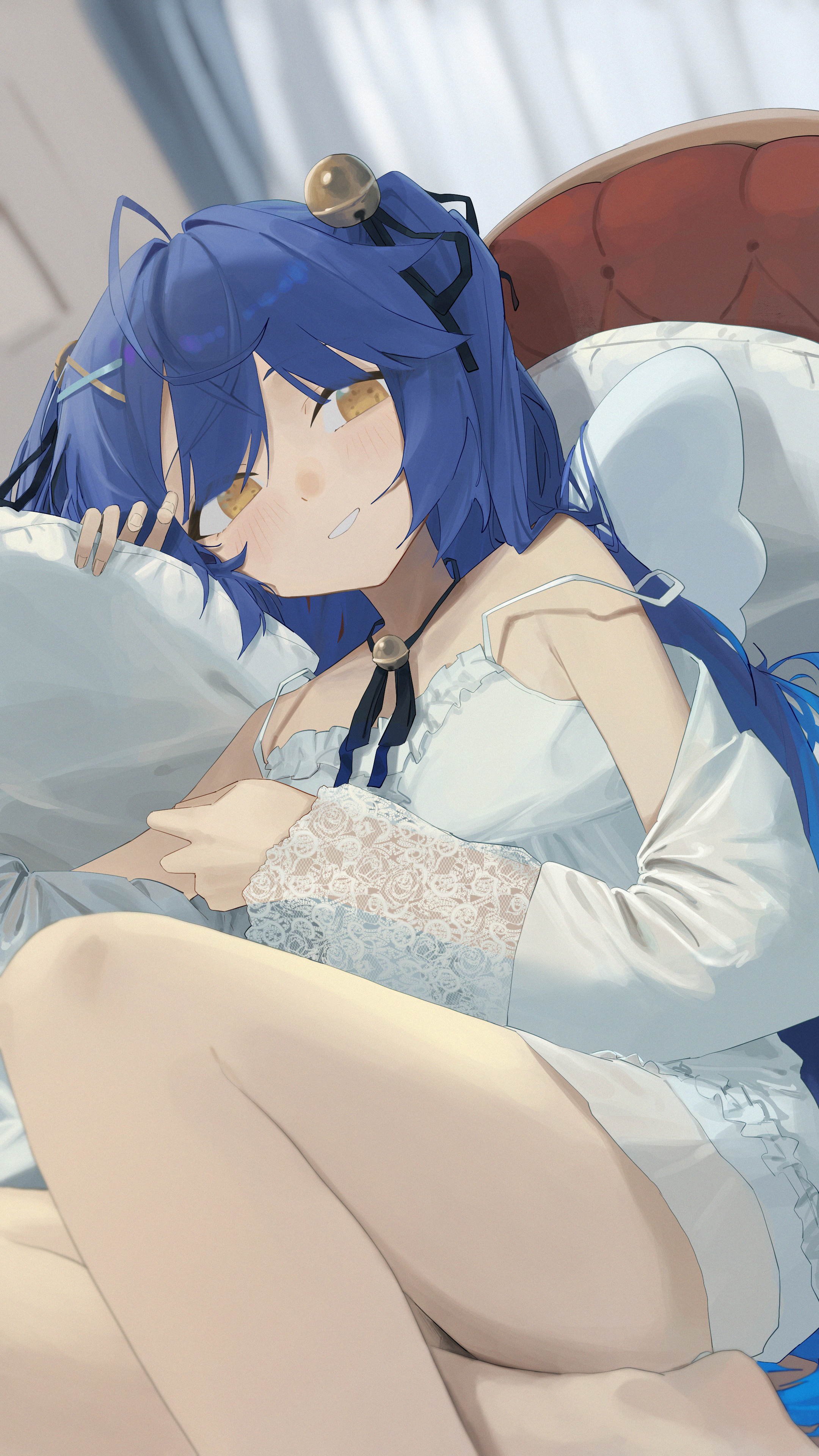 lupinu5, amamiya kokoro, nijisanji, absurdres, commentary request, highres, 1girl, ahoge, bare legs, bell, black ribbon, blue hair, blush, dress, feet out of frame, grin, hair bell, hair intakes, hair ornament, hair ribbon, indoors, long hair, lying, neck ribbon, on back, on bed, pillow, ribbon, sleeveless, sleeveless dress, smile, solo, virtual youtuber, white dress, yellow eyes