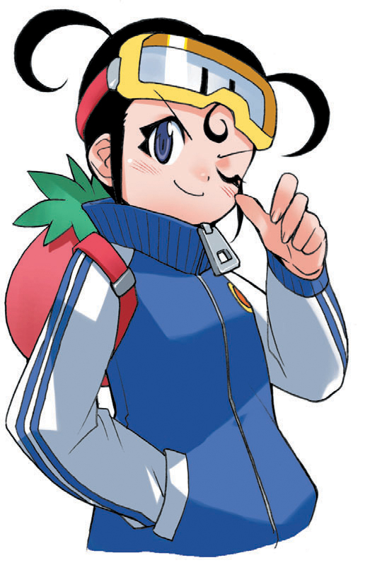 yoshizaki mine, juumonji chizuru, arcade gamer fubuki, 1girl, backpack, bag, black hair, blue eyes, female focus, hand in pocket, one eye closed, short hair, simple background, solo, white background, wink, zipper