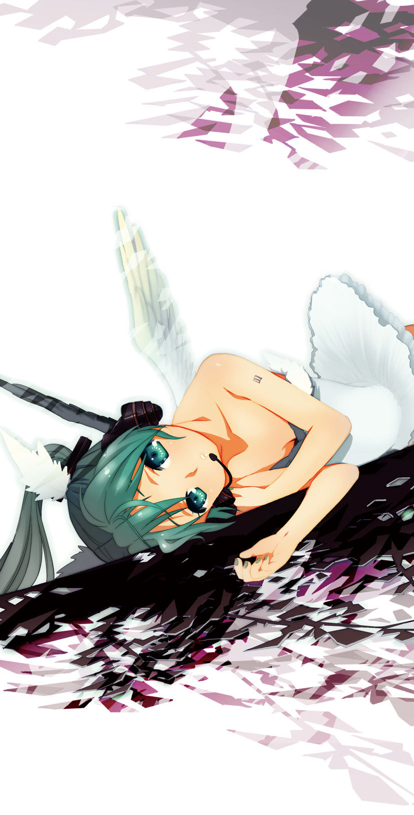 mao yu, hatsune miku, vocaloid, highres, 1girl, angel wings, aqua eyes, aqua hair, dress, female focus, headphones, headset, long hair, lying, on side, solo, twintails, wings