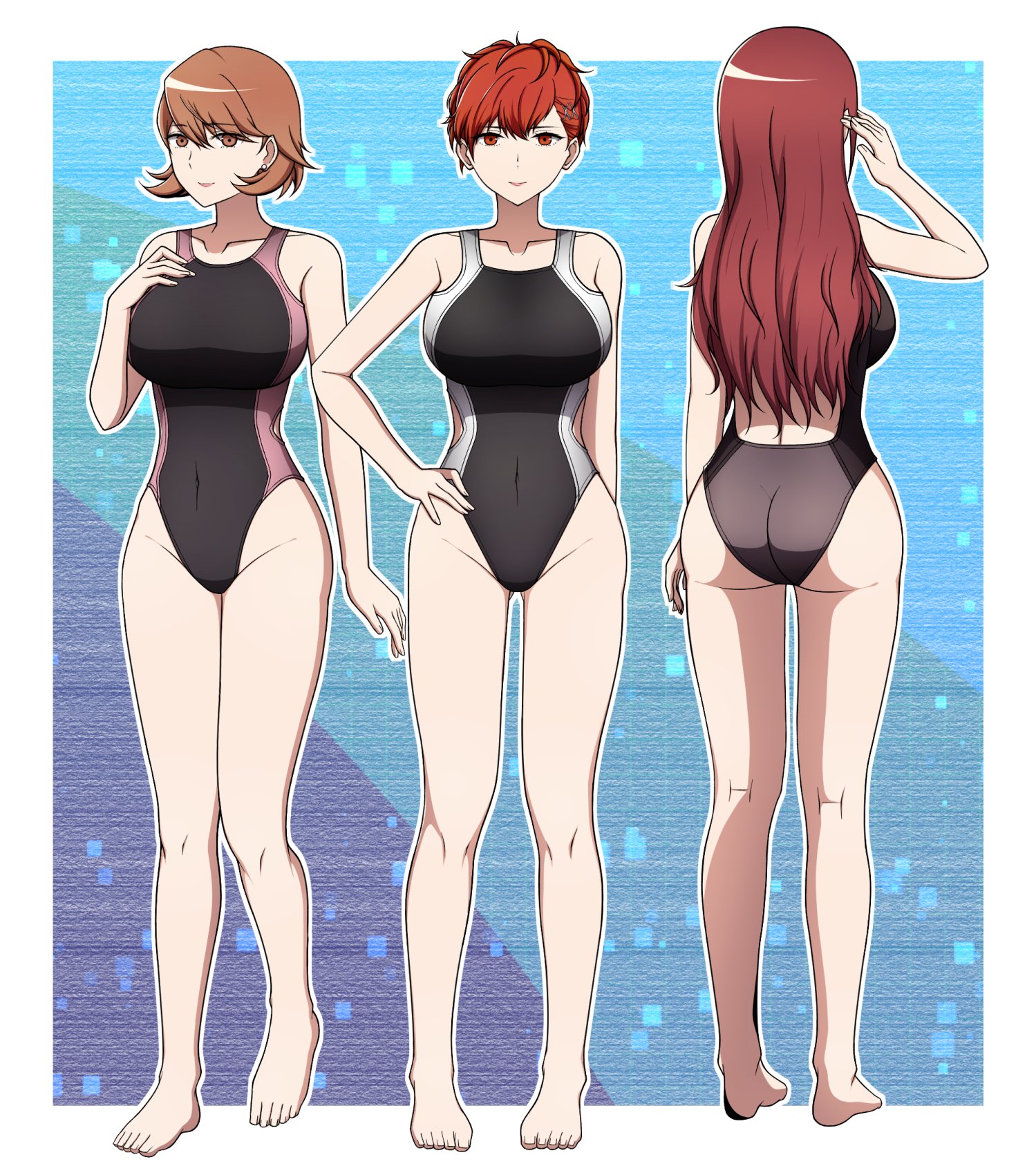zakuro juice, kirijou mitsuru, shiomi kotone, takeba yukari, persona, persona 3, persona 3 portable, highres, 3girls, ass, bare shoulders, breasts, brown hair, earrings, from behind, highleg, highleg leotard, jewelry, large breasts, leotard, long hair, looking at viewer, multiple girls, one-piece swimsuit, red eyes, red hair, short hair, sleeveless, swimsuit