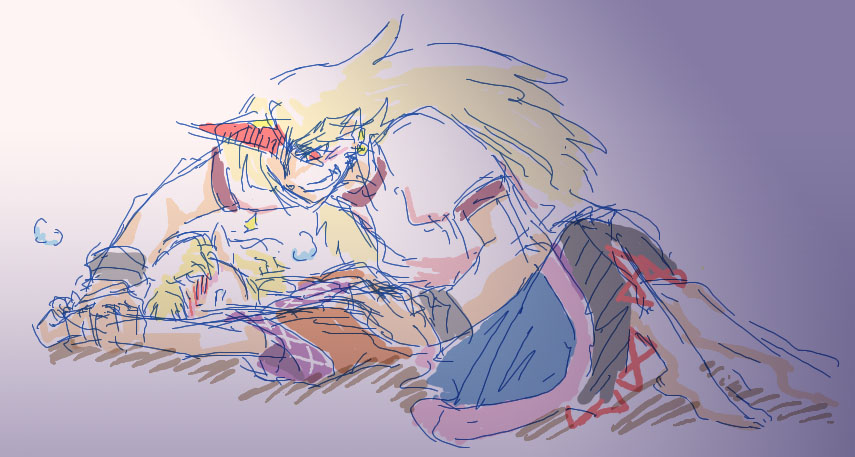 sakurameguri shirou, hoshiguma yuugi, mizuhashi parsee, touhou, 2girls, blonde hair, bow, breath, dress, female focus, hair bow, horns, legs, long hair, lying, multiple girls, pointy ears, red eyes, shirt, short hair, short sleeves, single horn, sketch, t-shirt, wide sleeves, you gonna get raped, yuri