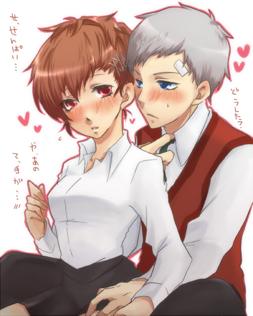 you (kimito), sanada akihiko, shiomi kotone, atlus, persona, persona 3, persona 3 portable, bad id, bad pixiv id, translated, 1boy, 1girl, bandages, blue eyes, blush, brown hair, couple, grey hair, hair ornament, hairclip, heart, hetero, red eyes, school uniform