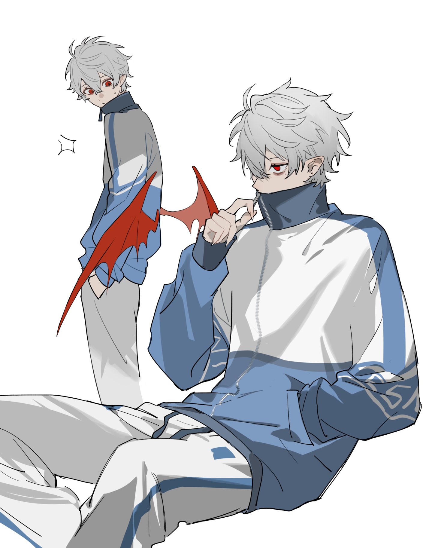 abbitr2, kuzuha (nijisanji), nijisanji, commentary, hashtag-only commentary, highres, 1boy, blue jacket, double-parted bangs, feet out of frame, grey hair, hair between eyes, hand in pocket, hand up, high collar, jacket, long sleeves, male focus, multiple views, pants, red eyes, short hair, simple background, virtual youtuber, white background, white pants, zipper