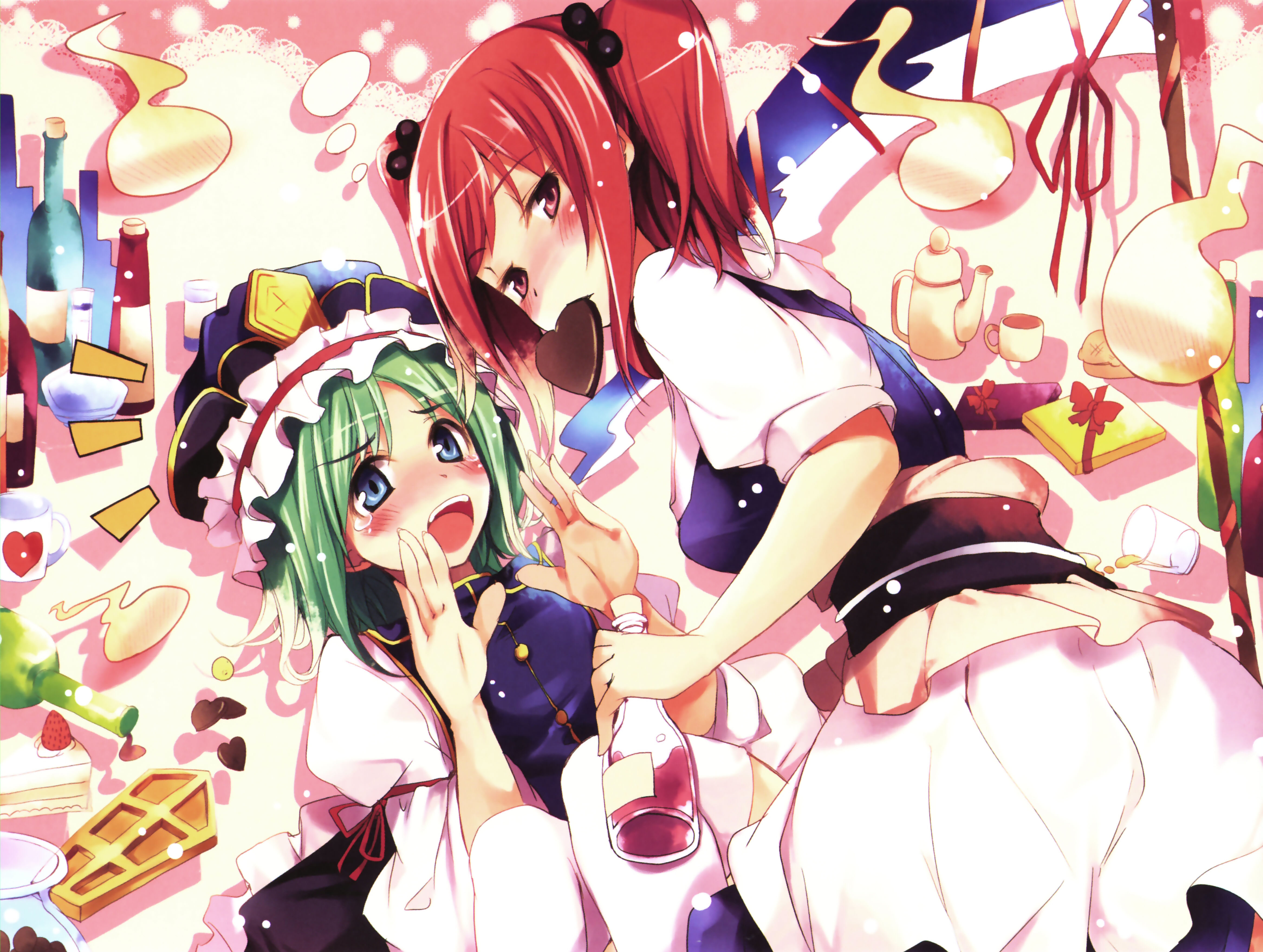hamayumiba sou, onozuka komachi, shiki eiki, touhou, eyebrows, absurdres, highres, 2girls, blue eyes, blush, cake, candy, chocolate, chocolate heart, cup, embarrassed, female focus, food, fruit, gift, green hair, hair bobbles, hair ornament, hat, heart, multiple girls, open mouth, pastry, red eyes, red hair, ribbon, scythe, short hair, short sleeves, strawberry, teacup, teapot, tears, twintails, two side up, yuri
