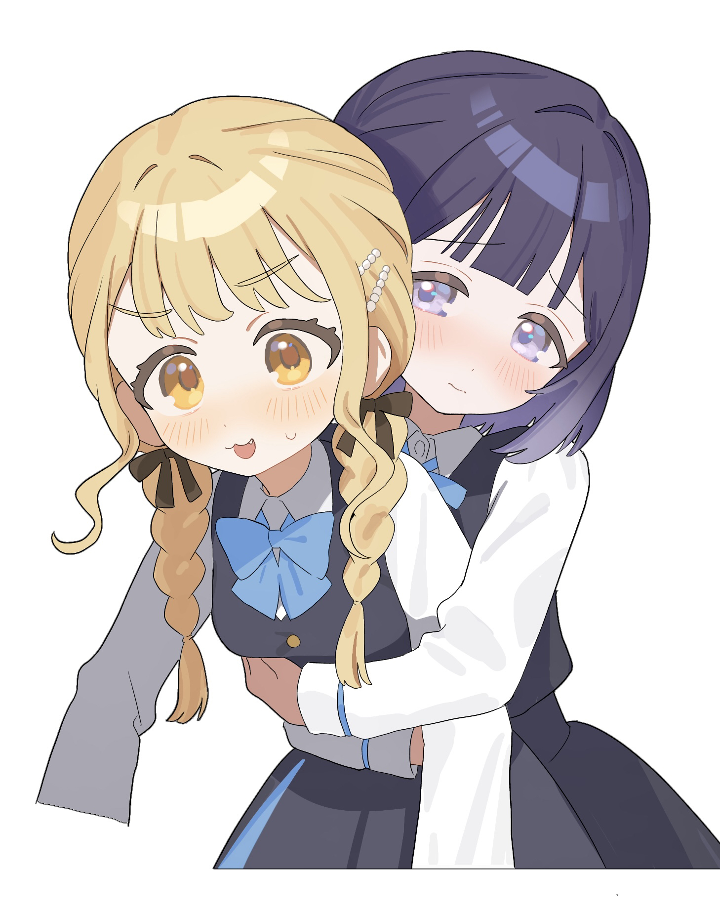 fujita kotone, hataya misuzu, gakuen idolmaster, idolmaster, commentary request, highres, 2girls, black hair, black overskirt, black vest, blonde hair, blue bow, blue bowtie, blue skirt, blush, bob cut, bow, bowtie, braid, brown ribbon, cropped legs, dress shirt, fang, hair ribbon, hatsuboshi gakuen school uniform, hug, hug from behind, kamin (xgef8882), long hair, long sleeves, looking ahead, looking at another, multiple girls, ribbon, school uniform, shirt, simple background, skirt, skirt set, sweatdrop, twin braids, vest, white background, white shirt, yuri