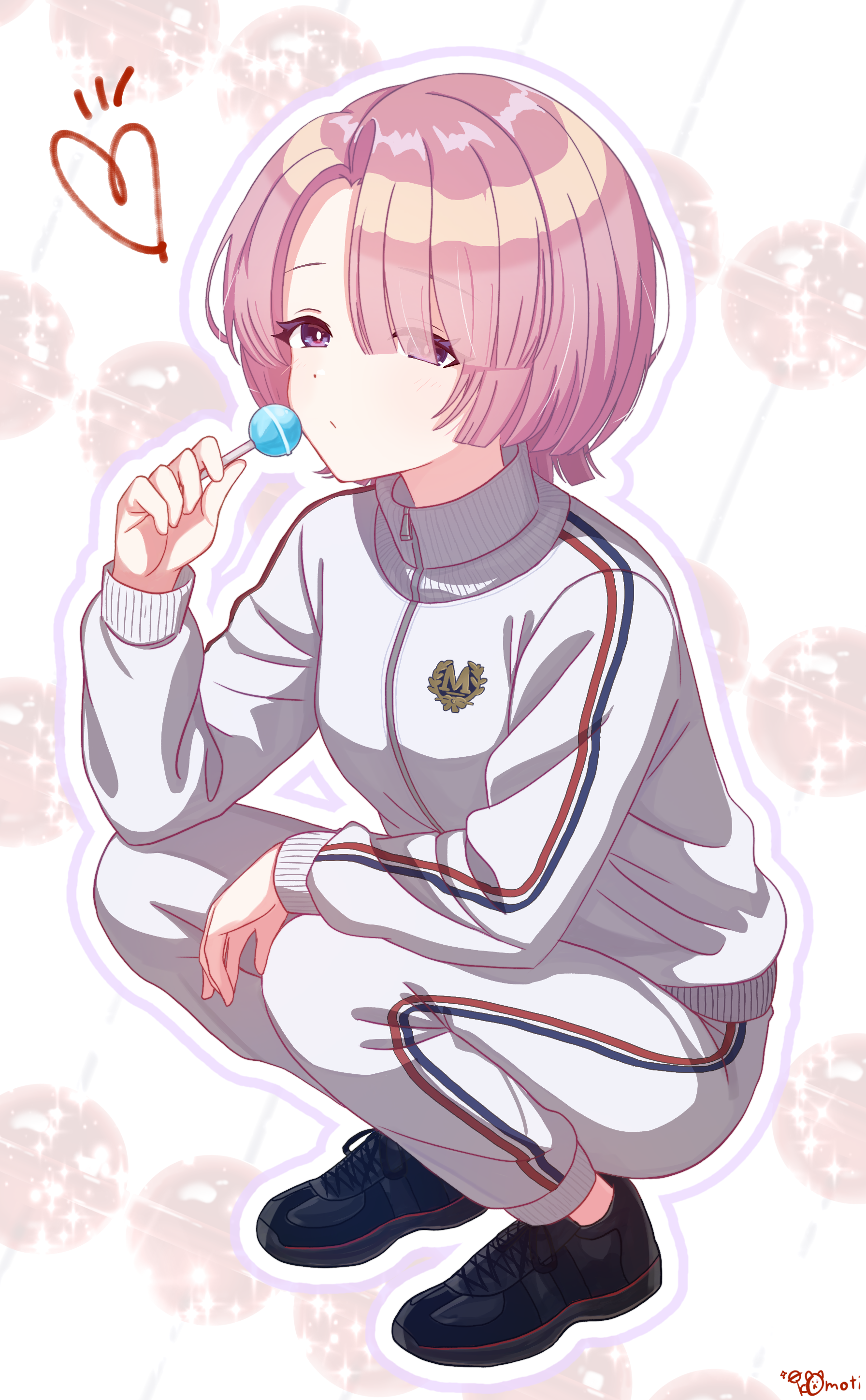 arimura mao, gakuen idolmaster, idolmaster, absurdres, highres, 1girl, :/, black shoes, bright pupils, candy, food, heart, holding, holding candy, holding food, holding lollipop, jacket, lollipop, long sleeves, looking at viewer, mattarisan 3, outline, pants, pink hair, purple eyes, shoes, short hair, signature, sneakers, solo, track jacket, track pants, white jacket, white outline, white pants, white pupils