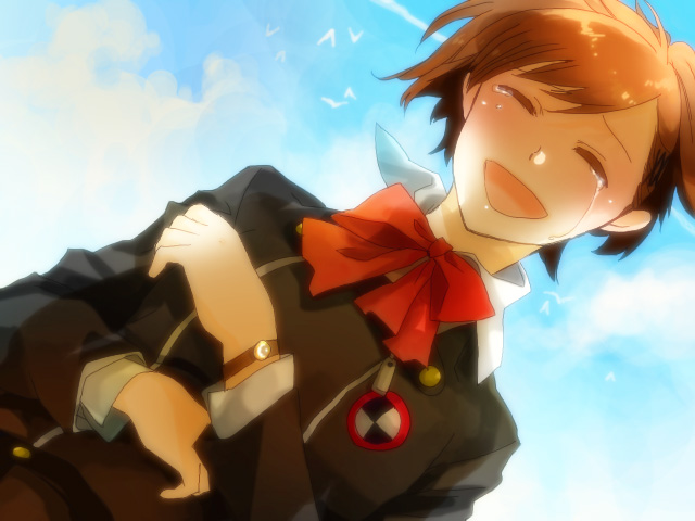 hika (amane222), shiomi kotone, atlus, persona, persona 3, persona 3 portable, bad id, bad pixiv id, 1girl, bow, brown hair, closed eyes, female focus, open mouth, outdoors, school uniform, short hair, sky, smile, solo, tears, watch, wristwatch
