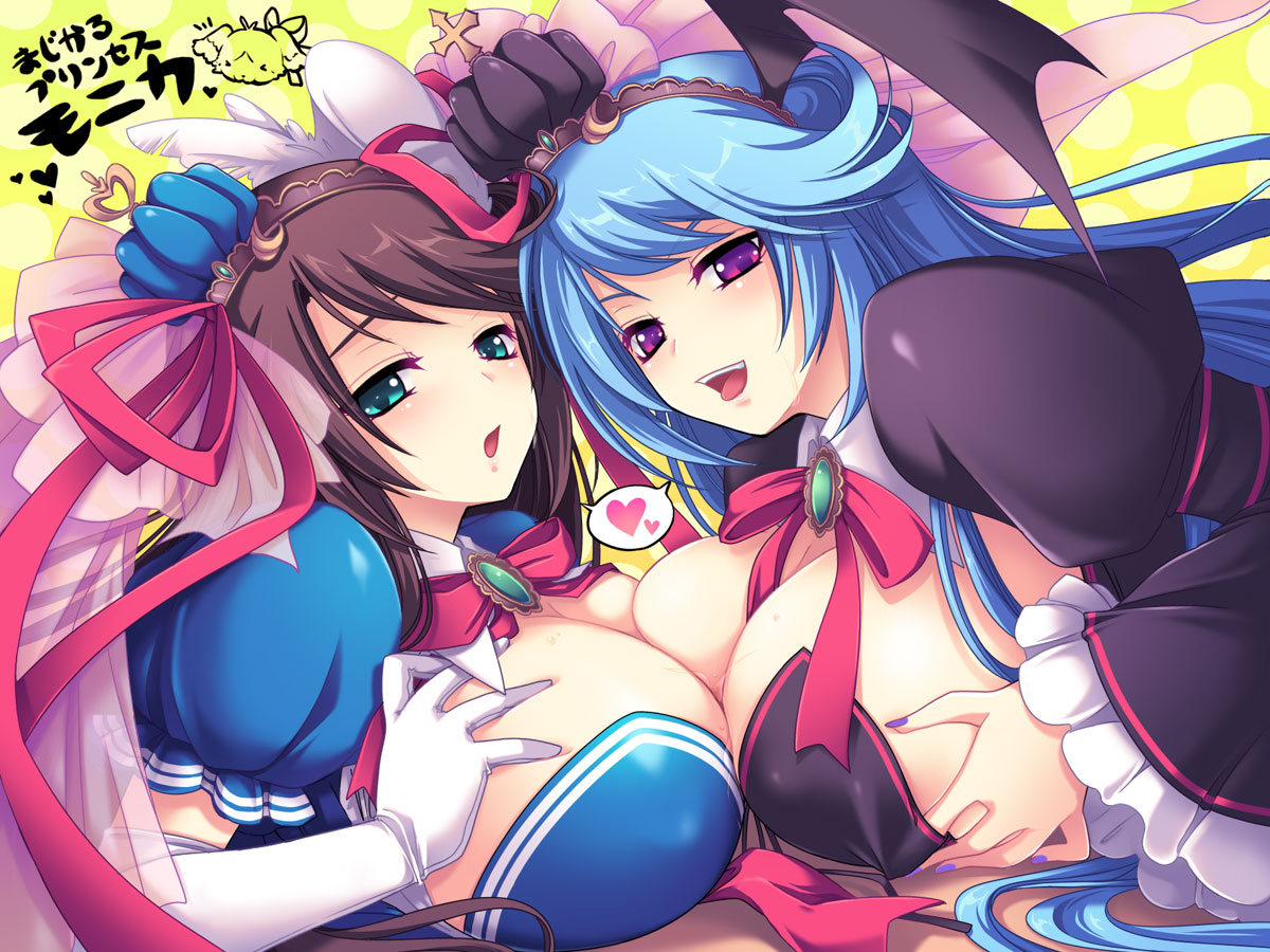 shima chiyo, original, character request, md5 mismatch, source request, 2girls, black crown, blue crown, blue eyes, blue hair, breast press, breasts, brown hair, cleavage, crown, huge breasts, large breasts, multiple girls, nail polish, purple eyes, red eyes, symmetrical docking, yuri