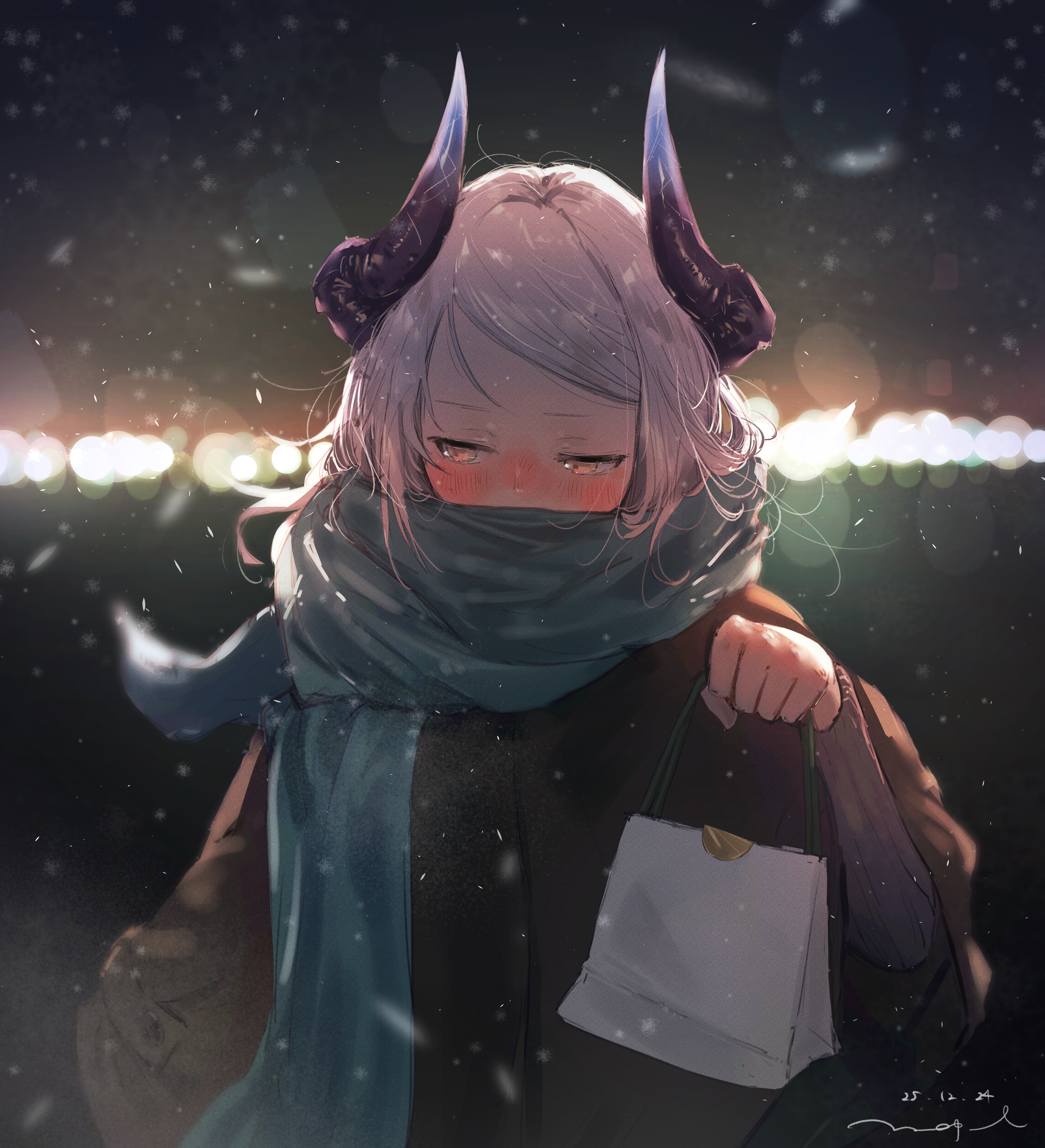pppmepl, liskarm (arknights), arknights, absurdres, highres, 1girl, alternate costume, alternate hairstyle, averting eyes, brown coat, brown eyes, coat, dated, dragon girl, dragon horns, facing viewer, gift, green scarf, grey hair, holding, holding gift, horns, incoming gift, looking to the side, scarf, scarf over mouth, signature, solo