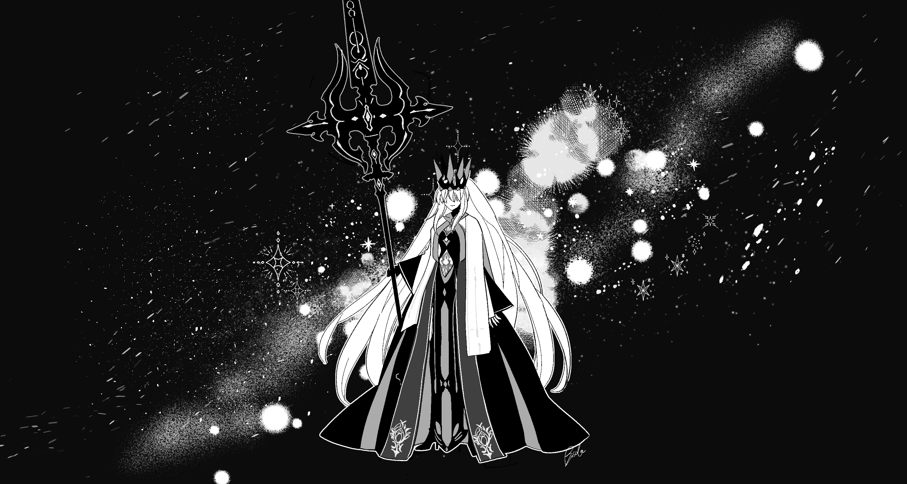 ryousuke (tukr5384), morgan le fay (fate), morgan le fay (queen of winter) (fate), fate/grand order, fate (series), highres, 1girl, black dress, braid, crown, dress, hair between eyes, half up braid, holding, holding polearm, holding weapon, long hair, long sleeves, polearm, ponytail, smile, solo, spikes, very long hair, weapon