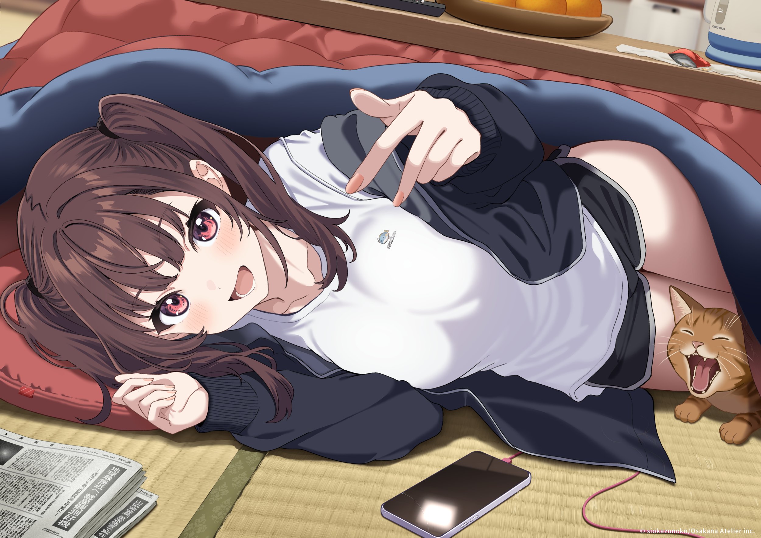 siokazunoko, original, highres, 1girl, :d, animal, black jacket, black shorts, brown hair, cat, cellphone, dolphin shorts, jacket, long hair, newspaper, open clothes, open jacket, open mouth, phone, red eyes, shirt, shorts, smile, solo, twintails, white shirt
