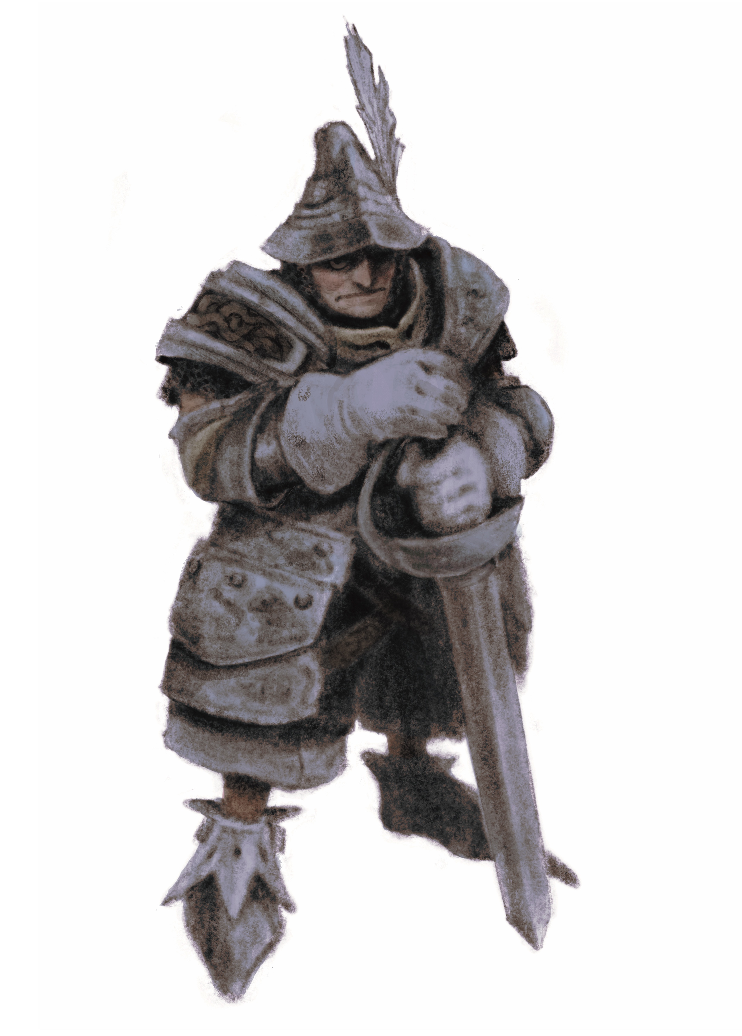 adelbert steiner, final fantasy, final fantasy ix, absurdres, highres, 1boy, armor, armored boots, boots, chainmail, closed mouth, frown, gloves, gobli prin, hat feather, helmet, holding, holding sword, holding weapon, knight, male focus, pauldrons, plate armor, shoulder armor, solo, standing, sword, weapon, white background, white gloves