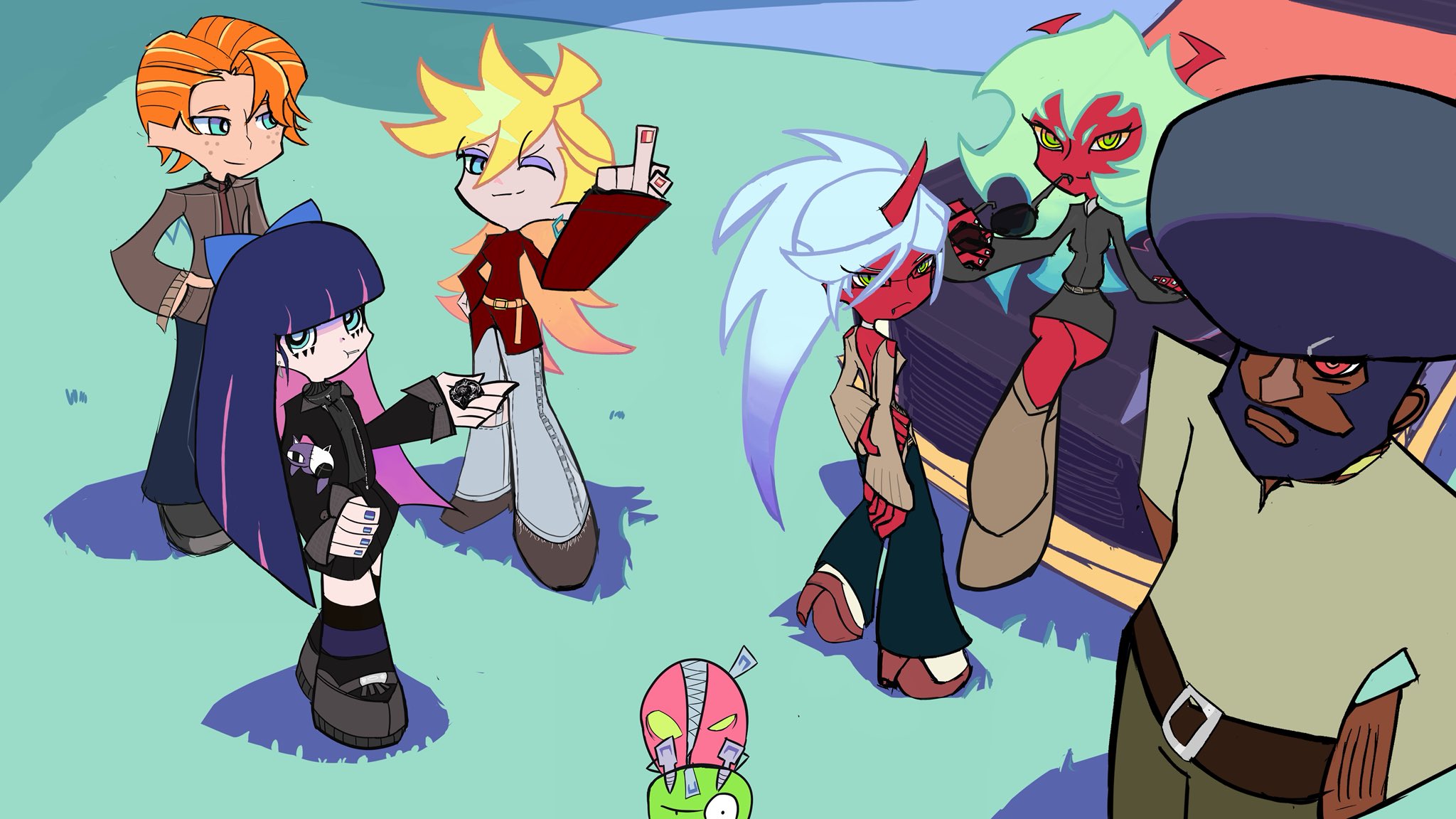 brief (psg), chuck (psg), fastener (psg), garterbelt (psg), kneesocks (psg), panty (psg), scanty (psg), stocking (psg), hummer, panty & stocking with garterbelt, commentary, english commentary, highres, 2boys, 4girls, afro, beard, black hair, blonde hair, blue eyes, blue hair, blunt bangs, bow, breasts, car, casual, colored inner hair, colored skin, dark-skinned male, dark skin, demon girl, demon horns, dress, earrings, facial hair, fang, freckles, g-string (psg), glasses, gothic lolita, green eyes, green hair, hair bow, hair pulled back, hoop earrings, horns, huge afro, hummer h1, jewelry, kastovia247r, limousine, lolita fashion, long hair, middle finger, motor vehicle, multicolored hair, multiple boys, multiple girls, official style, orange hair, panty & stocking with garterbelt (style), pink hair, ponytail, priest, purple hair, red skin, siblings, single horn, sisters, skirt, smile, sports utility vehicle, striped clothes, stuffed animal, stuffed cat, stuffed toy, thighhighs, two-tone hair, yellow eyes