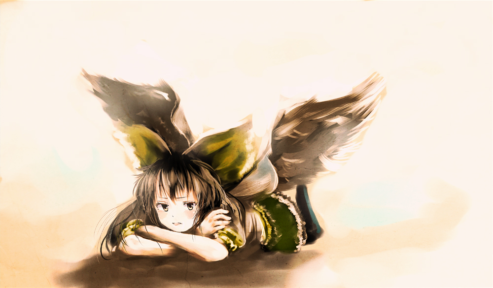 yae (mono110), reiuji utsuho, touhou, bad id, bad pixiv id, 1girl, black eyes, black hair, bow, crossed arms, female focus, hair bow, hair ribbon, legs up, long hair, lying, ribbon, solo, wings