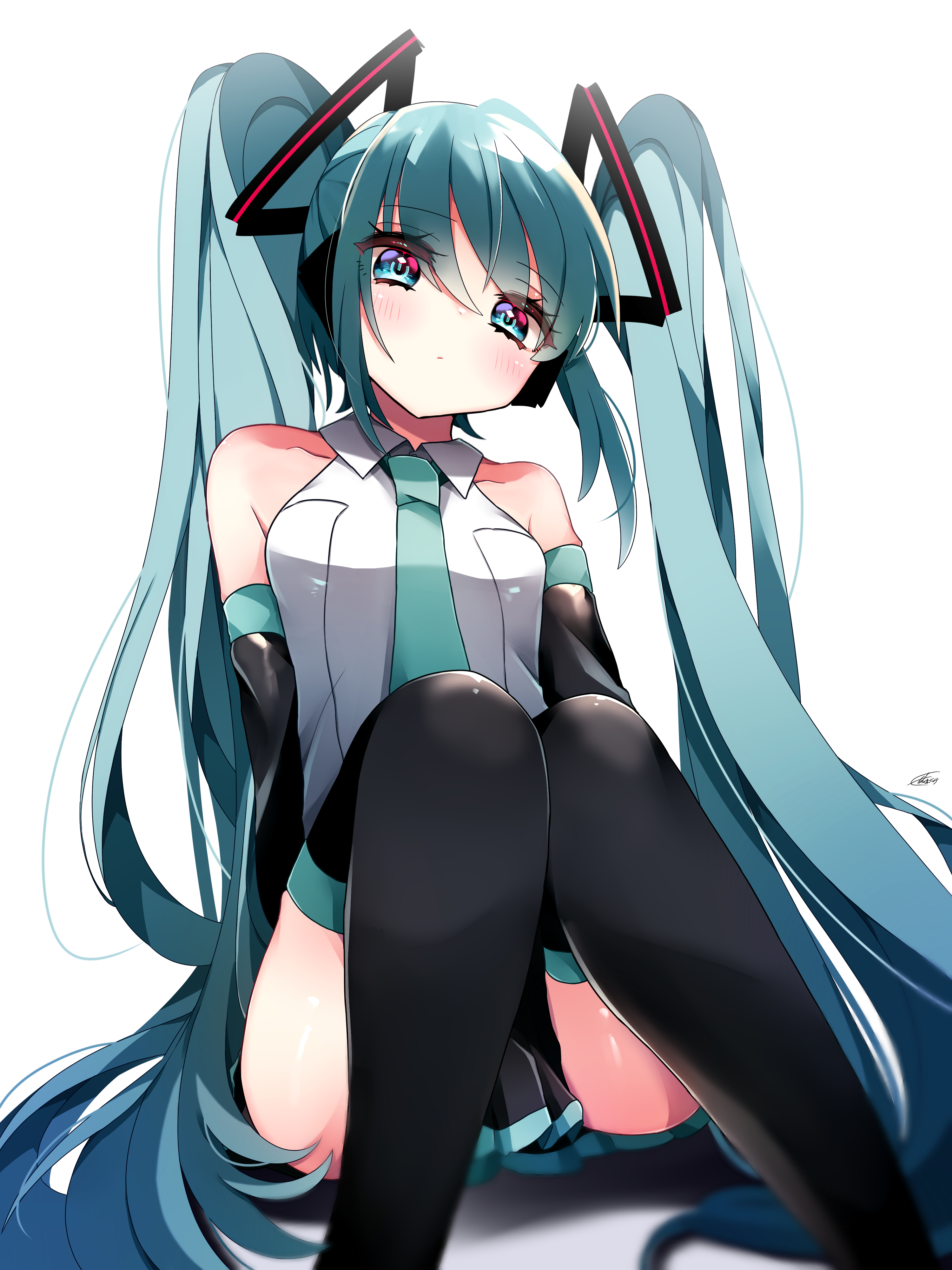 koyubisennti, hatsune miku, vocaloid, absurdres, commentary request, highres, 1girl, aqua eyes, aqua hair, aqua necktie, aqua trim, bare shoulders, black boots, black sleeves, blush, boots, breasts, closed mouth, collarbone, collared shirt, detached sleeves, feet out of frame, hair between eyes, hair ornament, long hair, long sleeves, looking at viewer, medium breasts, miniskirt, necktie, pleated skirt, power symbol, power symbol-shaped pupils, shirt, simple background, sitting, skirt, sleeveless, sleeveless shirt, smile, symbol-shaped pupils, thigh boots, twintails, white background, white shirt, wide sleeves
