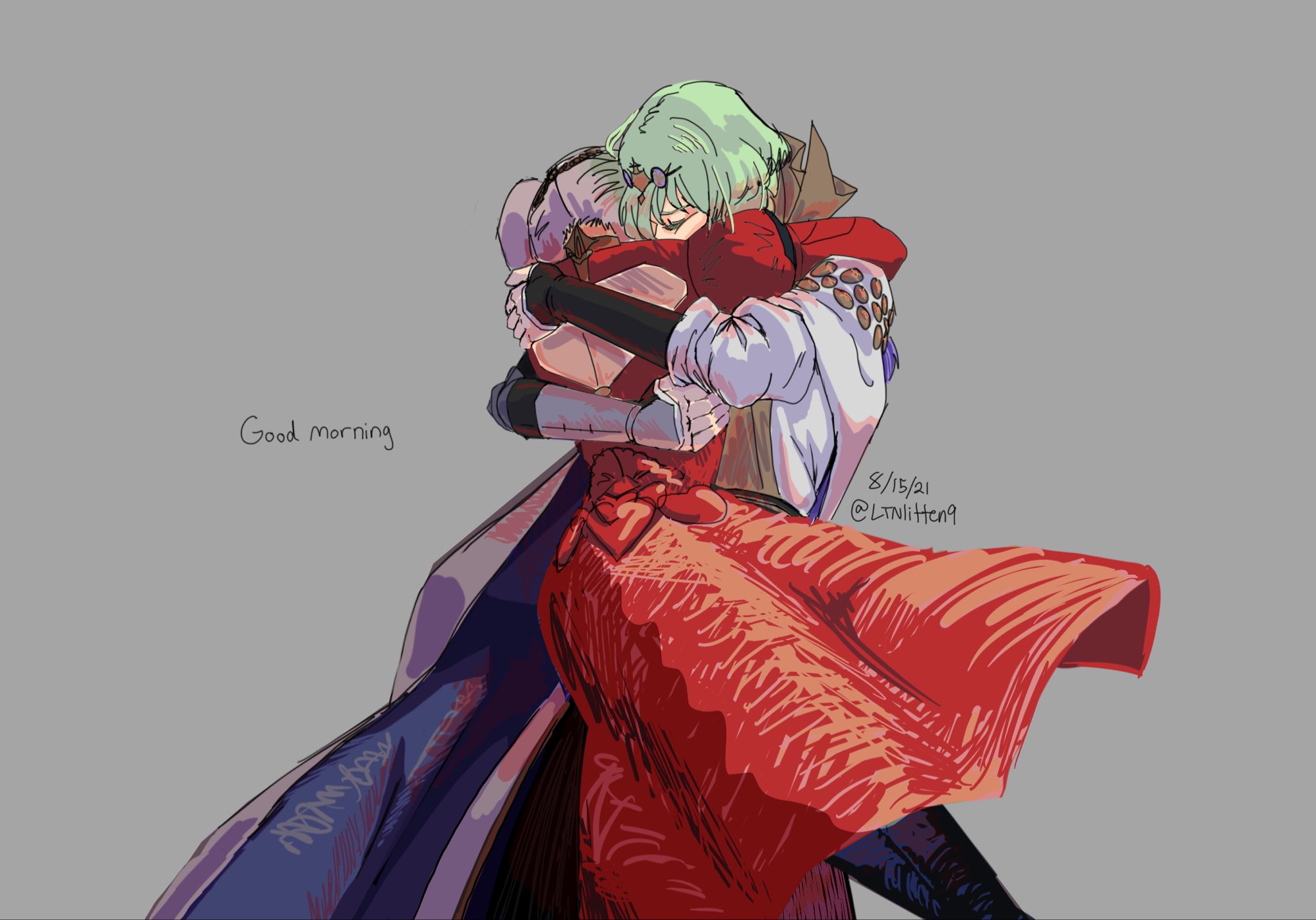 edelgard von hresvelg, edelgard von hresvelg (timeskip), male byleth (awakened) (fire emblem), male byleth (enlightened one) (fire emblem), male byleth (fire emblem), fire emblem, fire emblem: three houses, nintendo, highres, mixed-language commentary, 1boy, 1girl, closed eyes, couple, dress, green hair, grey background, grey hair, hair ornament, heads together, hetero, hug, litten9art, long sleeves, official alternate hair color, pants, red dress, standing, upper body