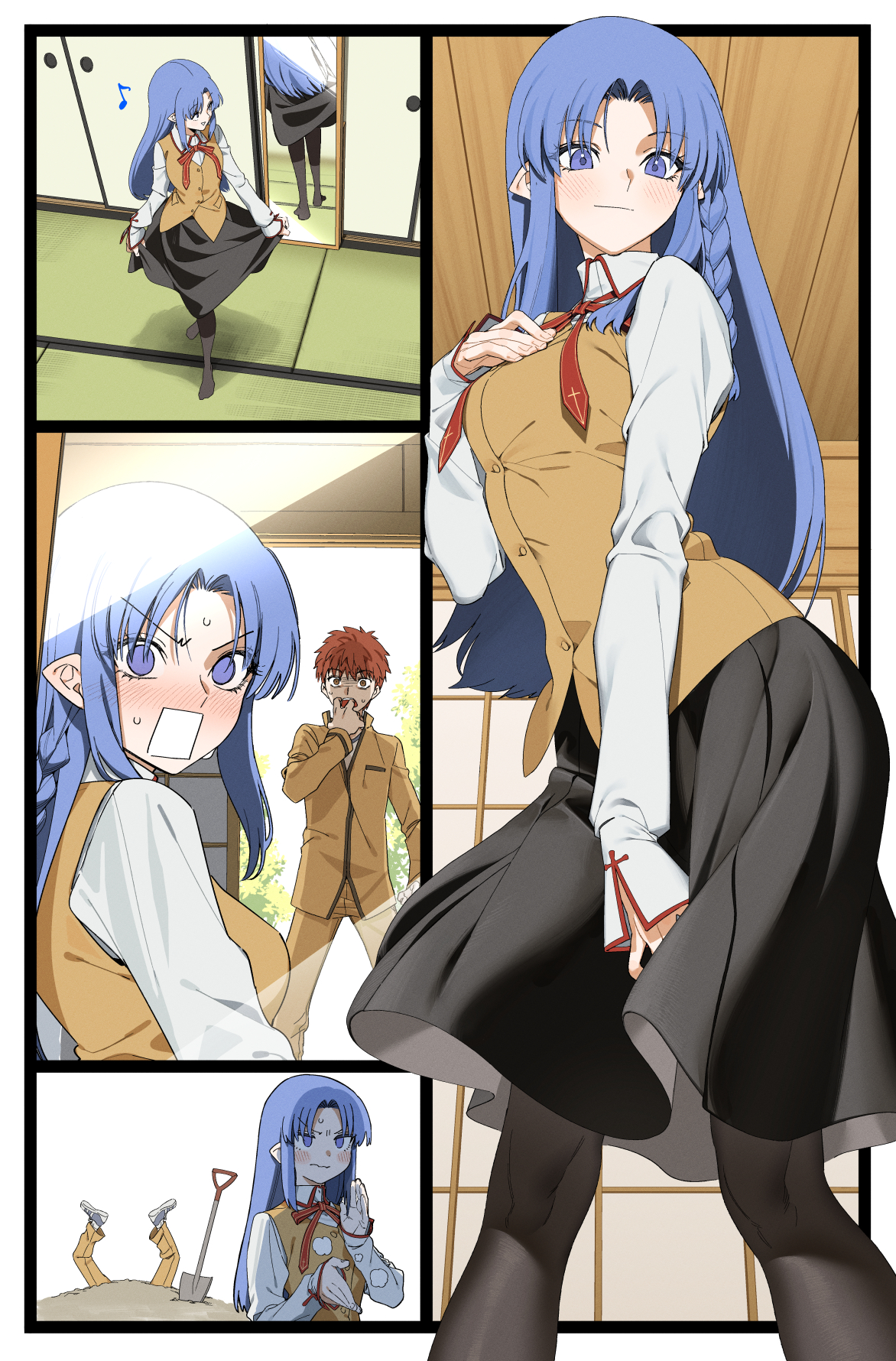 rasupekuto, emiya shirou, medea (caster) (fate), medea (fate), fate/stay night, fate (series), highres, 1boy, 1girl, black skirt, blue eyes, blue hair, blush, borrowed clothes, embarrassed, fishnet pantyhose, fishnets, homurabara academy school uniform, long hair, mature female, pantyhose, pleated skirt, red hair, school uniform, shovel, skirt