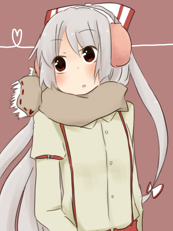kanna (grapejery), fujiwara no mokou, touhou, bad id, bad pixiv id, 1girl, earmuffs, female focus, grey hair, heart, red eyes, scarf, solo, standing