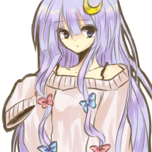 hiharo, patchouli knowledge, touhou, bad id, bad pixiv id, 1girl, alternate costume, contemporary, crescent, crescent hair ornament, female focus, hair ornament, hair ribbon, long hair, long sleeves, moon, oversized clothes, purple eyes, purple hair, ribbon, sleeves past wrists, solo