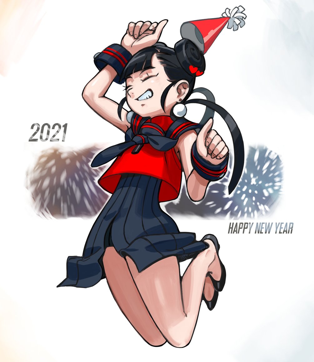 overlord jc, achika (overlord jc), original, 1girl, 2021, ^ ^, arm up, black hair, black neckerchief, black sailor collar, black shoes, black skirt, closed eyes, crop top, donut hair bun, double bun, earrings, fireworks, full body, grin, hair bun, hair ornament, hand up, happy new year, hat, heart, heart hair ornament, high-waist skirt, jewelry, jumping, neckerchief, new year, party hat, pearl earrings, red hat, red serafuku, red shirt, ribbed skirt, sailor collar, school uniform, serafuku, shirt, shoes, short hair, skirt, sleeveless, sleeveless shirt, smile, solo, sphere earrings, wristband