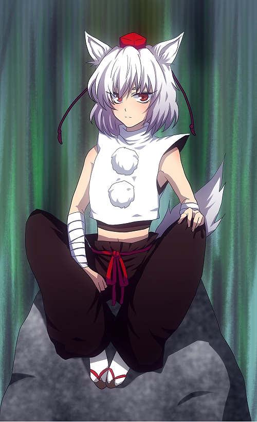 kn96, inubashiri momiji, touhou, silver hair, bad id, bad pixiv id, 1girl, animal ears, bare shoulders, female focus, full body, hat, navel, red eyes, sitting, solo, tail, tokin hat, wolf ears