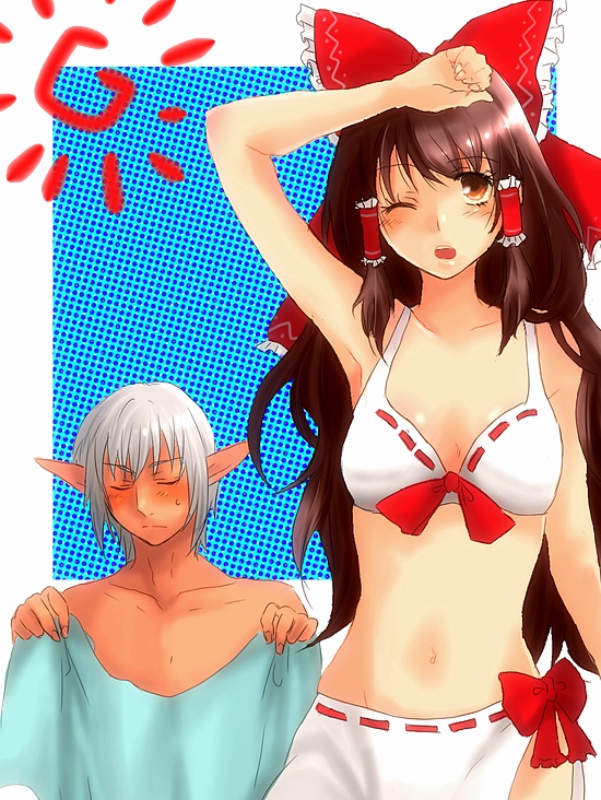 kn96, buront, hakurei reimu, final fantasy, final fantasy xi, the iron of yin and yang, touhou, bad id, bad pixiv id, 00s, armpits, bikini, blush, brown eyes, brown hair, crossover, hair ornament, navel, pointy ears, ribbon, swimsuit, wink