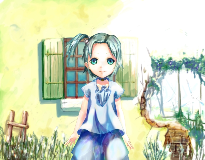 moyacy, ami (aria), aria (manga), choker, green eyes, green hair, hair ornament, short hair, standing