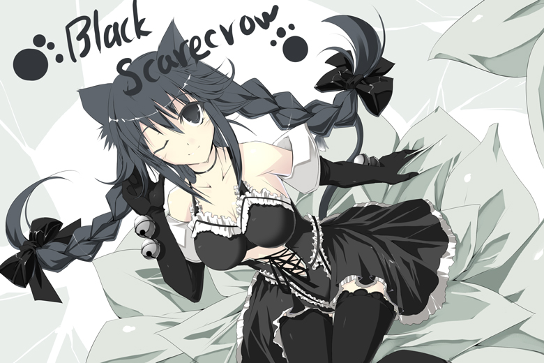 satomi (black scarecrow), original, 1girl, animal ears, bell, black eyes, black hair, black thighhighs, breasts, cat ears, cat girl, cat tail, cleavage, dress, elbow gloves, female focus, gloves, goth fashion, large breasts, lingerie, long hair, one eye closed, paw print, ribbon, smile, solo, tail, thighhighs, underwear, wink