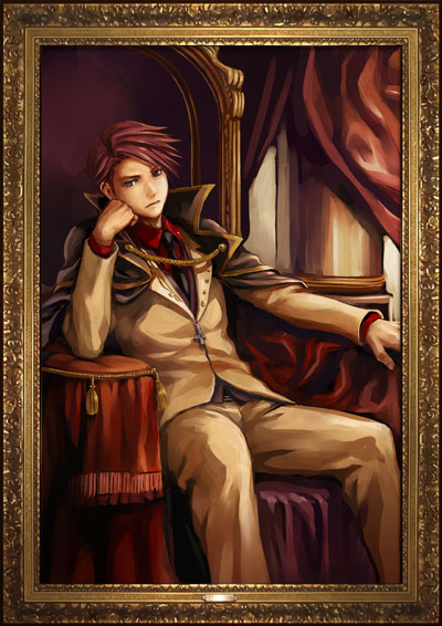 ekusa takahito, ushiromiya battler, dawn of the golden witch, umineko no naku koro ni, framed, official art, spoilers, 00s, 1boy, blue eyes, cape, chair, cloak, formal clothes, head rest, jacket, male focus, manly, necktie, painting (object), portrait, red hair, sitting, solo