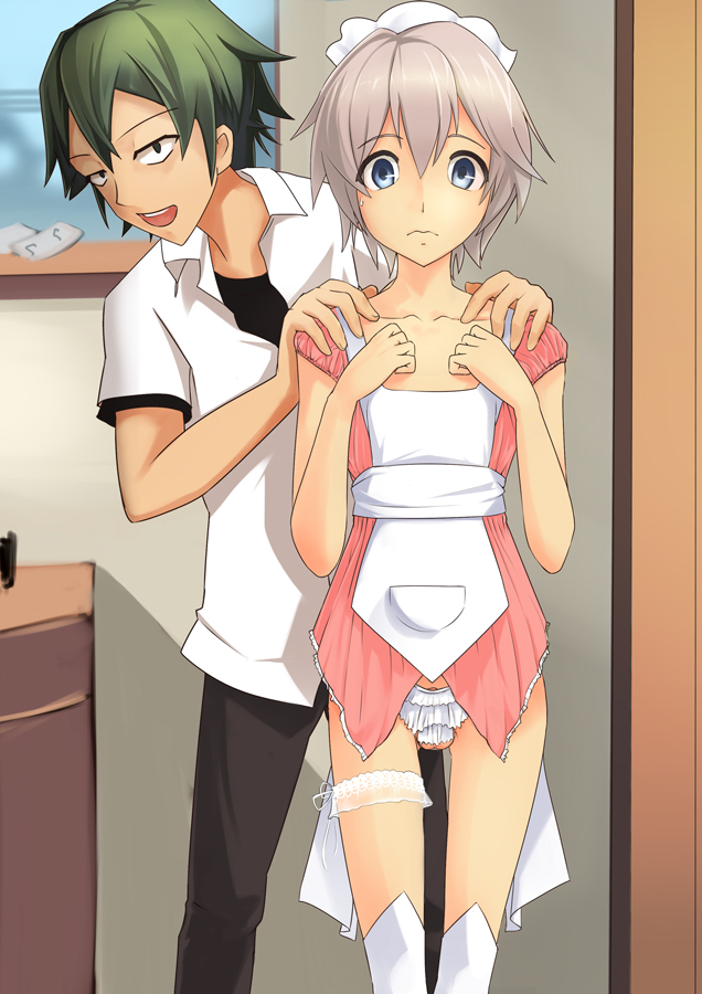 hakuyagen (yoronbi), hikigaya hachiman, totsuka saika, yahari ore no seishun lovecome wa machigatteiru., 2boys, apron, blue eyes, closed mouth, collarbone, crossdressing, crossdressing (mtf), dress, exhibitionism, feet out of frame, frilled thigh strap, green eyes, green hair, grey hair, hair between eyes, hands on another's shoulders, hands on own chest, hands up, indoors, kneehighs, looking at viewer, looking down, male focus, multiple boys, panties, penis out, pink dress, presenting another, public indecency, revealing clothes, scoop neck, shirt, short hair, short sleeves, sidelocks, socks, standing, straight-on, testicles, thigh strap, trap, underwear, waitress, wavy mouth, white apron, white panties, white shirt, white socks, wing collar, yaoi