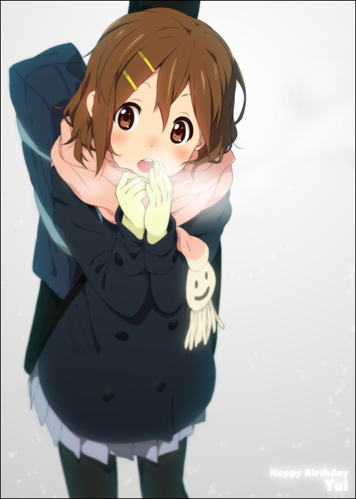 mizuki makoto, hirasawa yui, k-on!, 00s, 1girl, blush, brown eyes, brown hair, female focus, gradient background, hair ornament, hairclip, happy birthday, pantyhose, scarf, solo