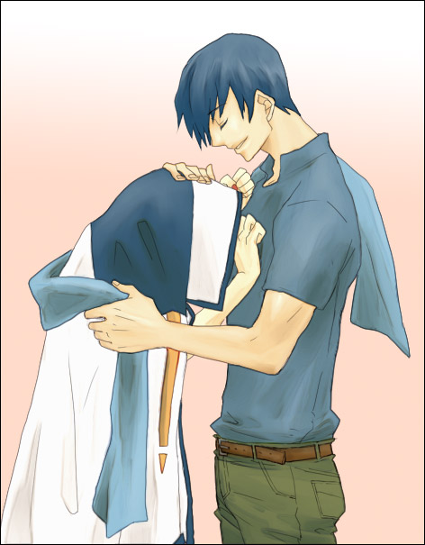 mokoko (m753), kaito (vocaloid), meiko (vocaloid), vocaloid, bad id, bad pixiv id, 1boy, 1girl, blue hair, blue scarf, borrowed clothes, comforting, couple, cowboy shot, from side, gradient background, hand on another's head, hetero, red background, scarf, short hair