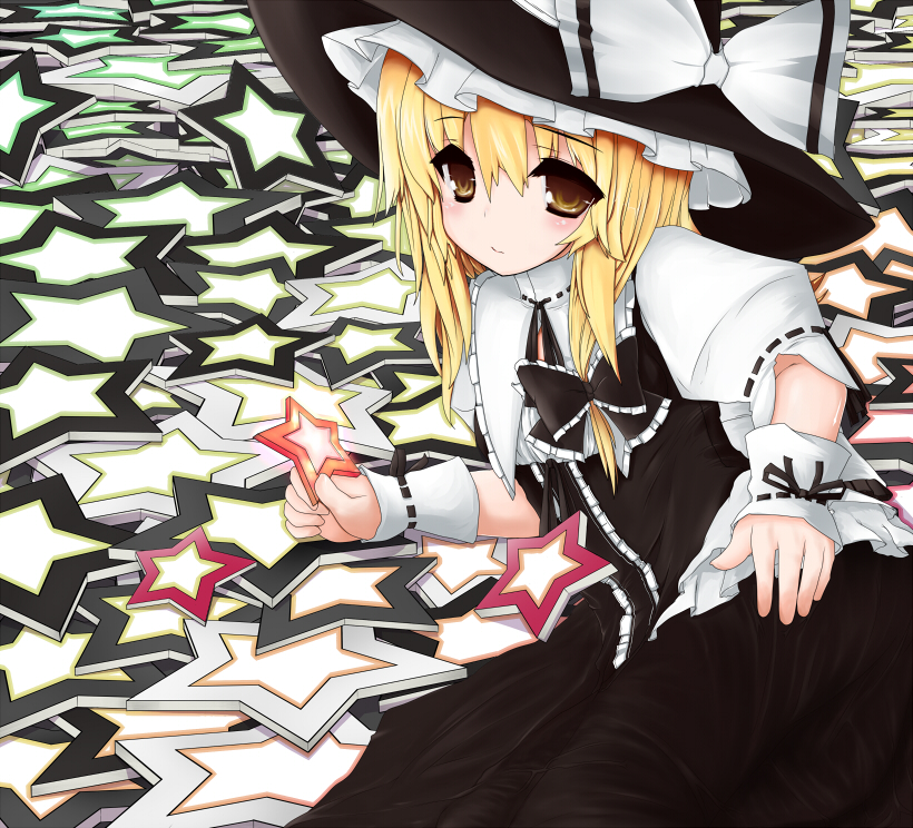 eigetu, kirisame marisa, touhou, bad id, bad pixiv id, 1girl, blonde hair, female focus, hat, ribbon, solo, star (symbol), witch, witch hat, yellow eyes