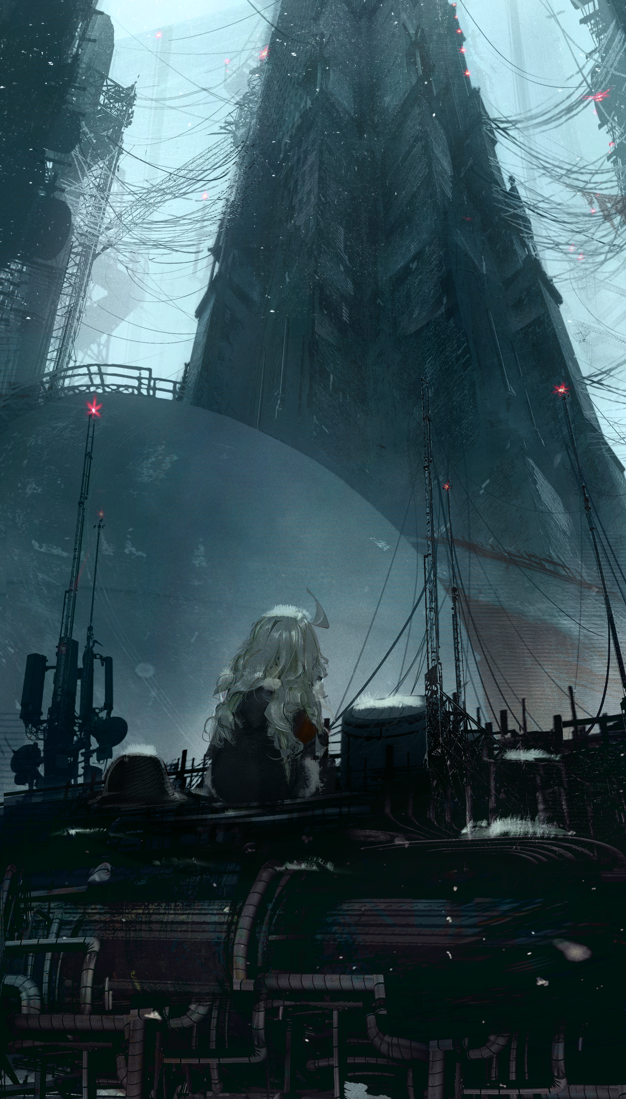 cancer.b0ss, yuuri (shoujo shuumatsu ryokou), shoujo shuumatsu ryokou, absurdres, chinese commentary, commentary, highres, 1girl, ahoge, blonde hair, cable, coat, combat helmet, from behind, fur-trimmed coat, fur trim, grand scale, green coat, helmet, industrial, long hair, machinery, megastructure, radio antenna, scenery, sitting, snow, snowing, solo, tower, unworn headwear, unworn helmet, wide shot, wire