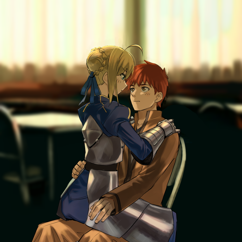 rasupekuto, artoria pendragon (fate), emiya shirou, saber (fate), fate/stay night, fate (series), 1boy, 1girl, armor, armored dress, blonde hair, bow, couple, dress, girl on top, hair bow, homurabara academy school uniform, looking at another, red hair, school uniform, sitting, sitting on lap, sitting on person