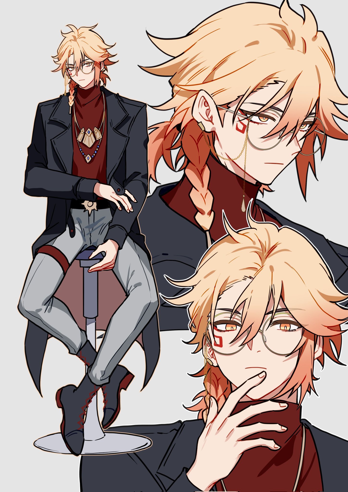 yuelinpanp98413, mydei (honkai: star rail), honkai: star rail, honkai (series), hashtag-only commentary, highres, 1boy, alternate costume, belt, bespectacled, black boots, black coat, blonde hair, boots, braid, closed mouth, coat, cropped torso, glasses, gradient hair, grey background, grey pants, hair between eyes, jewelry, lapels, long sleeves, male focus, multicolored hair, necklace, notched lapels, open clothes, open coat, pants, ponytail, red shirt, round eyewear, shirt, short ponytail, side braid, simple background, single braid, sitting, stool, thigh belt, thigh strap, turtleneck, two-sided coat, two-sided fabric, yellow eyes