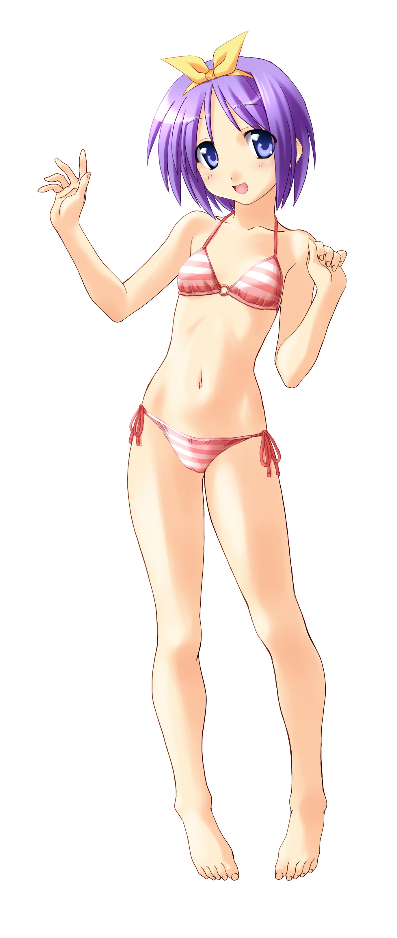 norizou type-r, hiiragi tsukasa, lucky star, absurdres, highres, 00s, barefoot, bikini, blue eyes, blush, feet, flat chest, full body, navel, open mouth, purple eyes, purple hair, ribbon, short hair, side-tie bikini bottom, smile, solo, standing, striped bikini, striped clothes, swimsuit