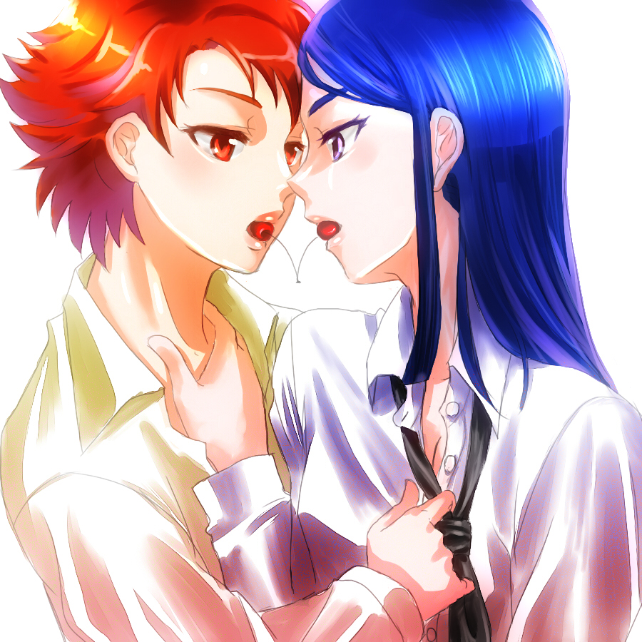 ririclub, minazuki karen, natsuki rin, precure, yes! precure 5, 00s, 2girls, androgynous, blush, cherry, dress shirt, eye contact, food, fruit, imminent kiss, lips, long hair, looking at another, multiple girls, necktie, red eyes, red hair, reverse trap, sexually suggestive, shirt, short hair, yonic symbol, yuri