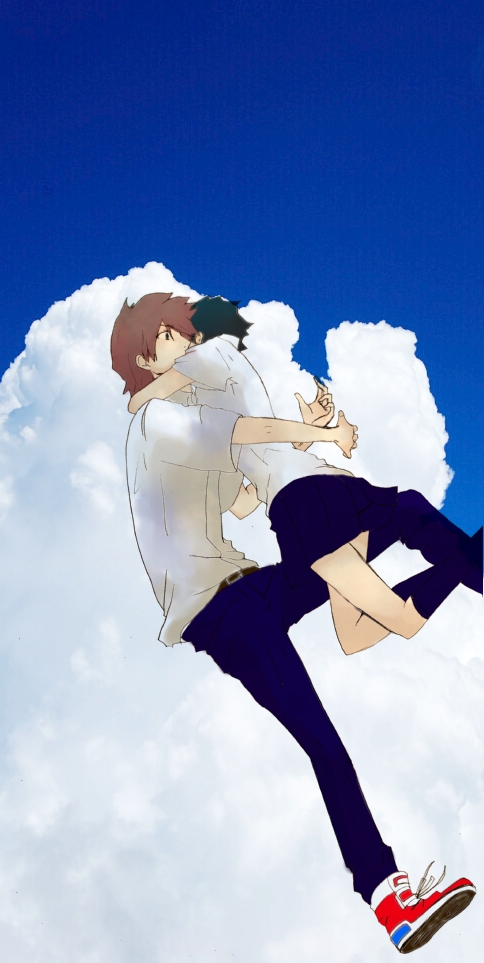 neeharu, konno makoto, mamiya chiaki, toki wo kakeru shoujo, 00s, 1boy, 1girl, blue theme, cloud, couple, day, hetero, hug, school uniform, shirt, skirt, sky