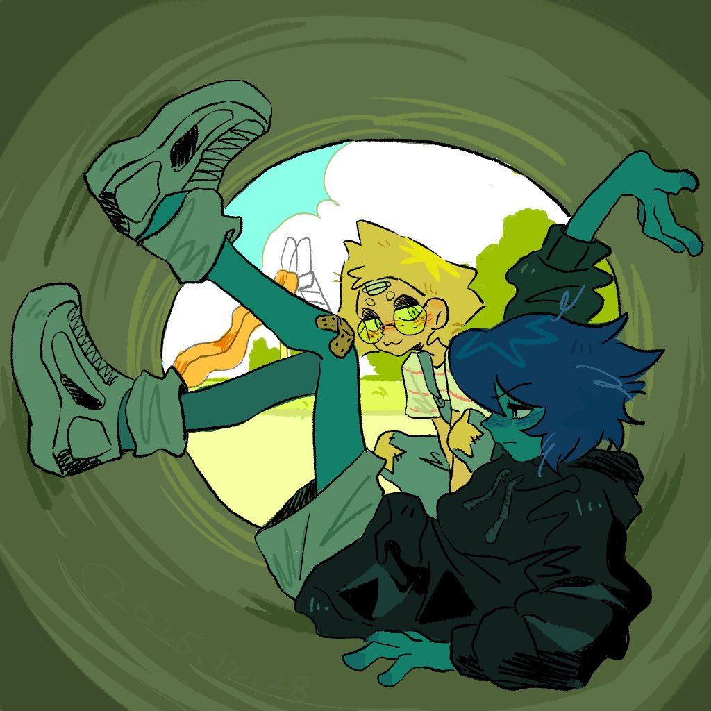 lapis lazuli (steven universe), peridot (steven universe), steven universe, 2girls, :3, ankle cuffs, az erooo9, bandage on forehead, bandaid, bandaid on knee, bandaid on leg, black eyeshadow, black hoodie, blue blush, blue hair, blue overalls, blue skin, blue sky, blush, bob cut, casual, colored skin, day, drawstring, eyeshadow, freckles, half-closed eyes, hood, hoodie, humanization, humanized skin color, inverted bob, legs up, looking at another, makeup, messy hair, multiple girls, outdoors, overalls, oversized sweater, playground, round eyewear, scowl, shirt, shoes, short eyebrows, short hair, shorts, sitting, sky, slide, sneakers, squatting, striped clothes, striped shirt, tree, triangle-shaped hair, white ankle cuffs, white shoes, white shorts